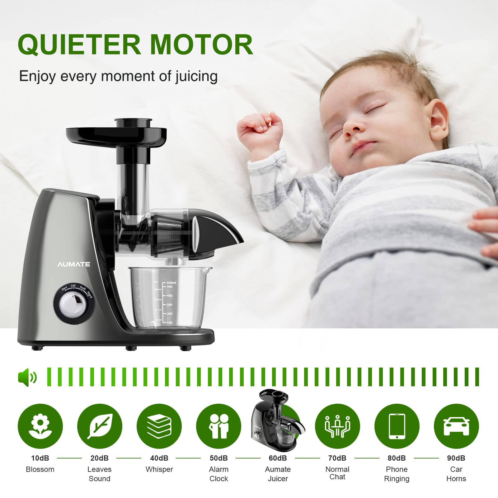 Estrattore di Succo a Freddo AUMATE,550ml Estrattore di frutta e verdura,Massimi nutrienti - 95% di purezza del juiceo,Funzione inversa, Motore silenzioso,Facile da pulire con un pennello,150W
