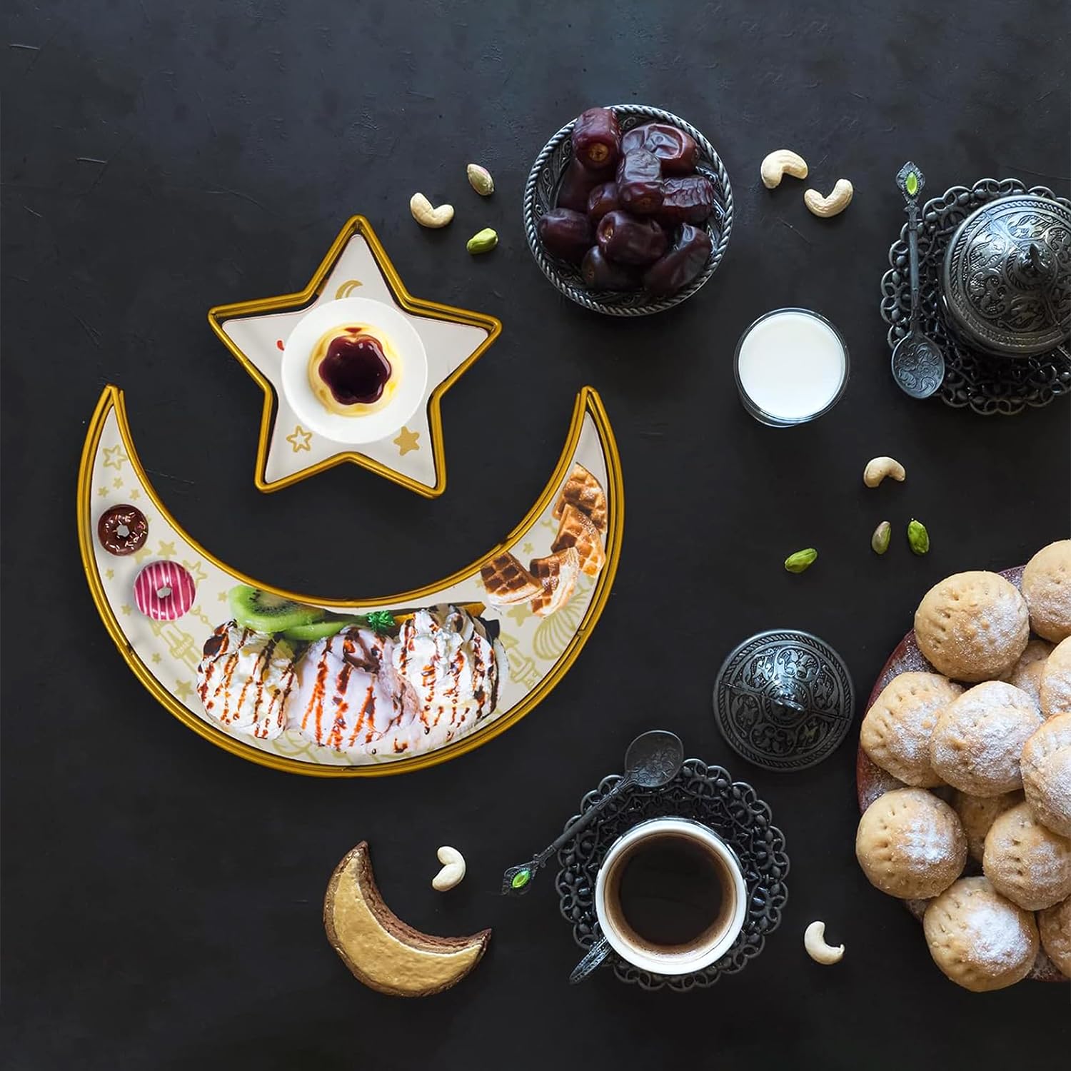 Atuoxing Ramadan, piatto Eid Mubarak, vassoio in legno, vassoio da dessert, piatto in legno con motivo luna e stella, decorazione Ramazan, per caramelle, torte, biscotti, decorazione da tavolo