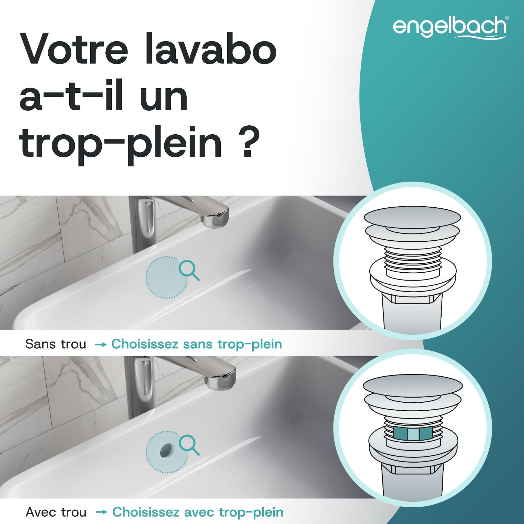 Engelbach Bonde de lavabo avec trop-plein Bouchon clic-clac 3 Joints Inclus Modèle Universel