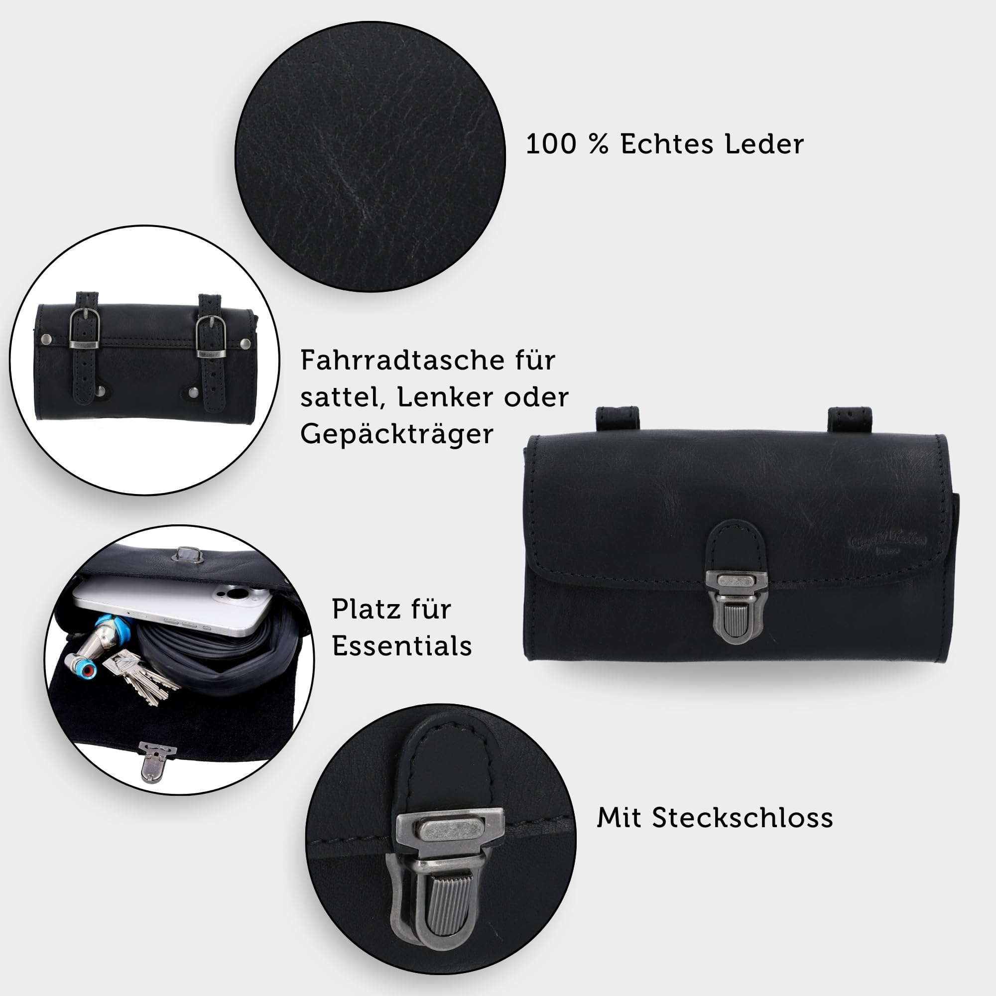 Gusti Satteltasche Leder – Wolfgang L. – Kleine Fahrradtasche Leder für Sattel, Lenker oder Gepäckträger – Praktische Retro Fahrradtasche