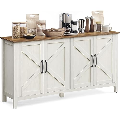 VASAGLE Storage Cabinet, Buffet Cabinet, Sideboard, Credenza, with Adjustable Shelves, for Living Room, Entryway, Rustic White and Honey Brown ULSC381W01