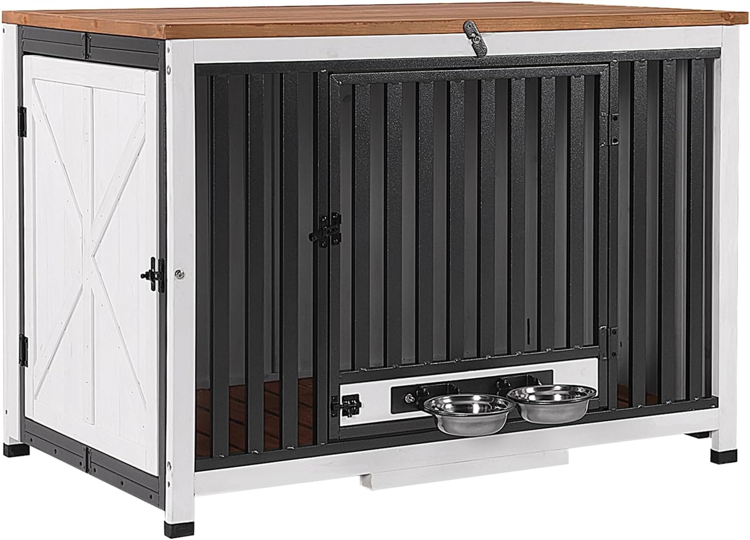 Folding Dog Crate Furniture 39.4" Large Dog Crate End Table with 360°Rotatable Removable Dog Bowls,Dog Kennel Indoor for Small, Medium Dogs