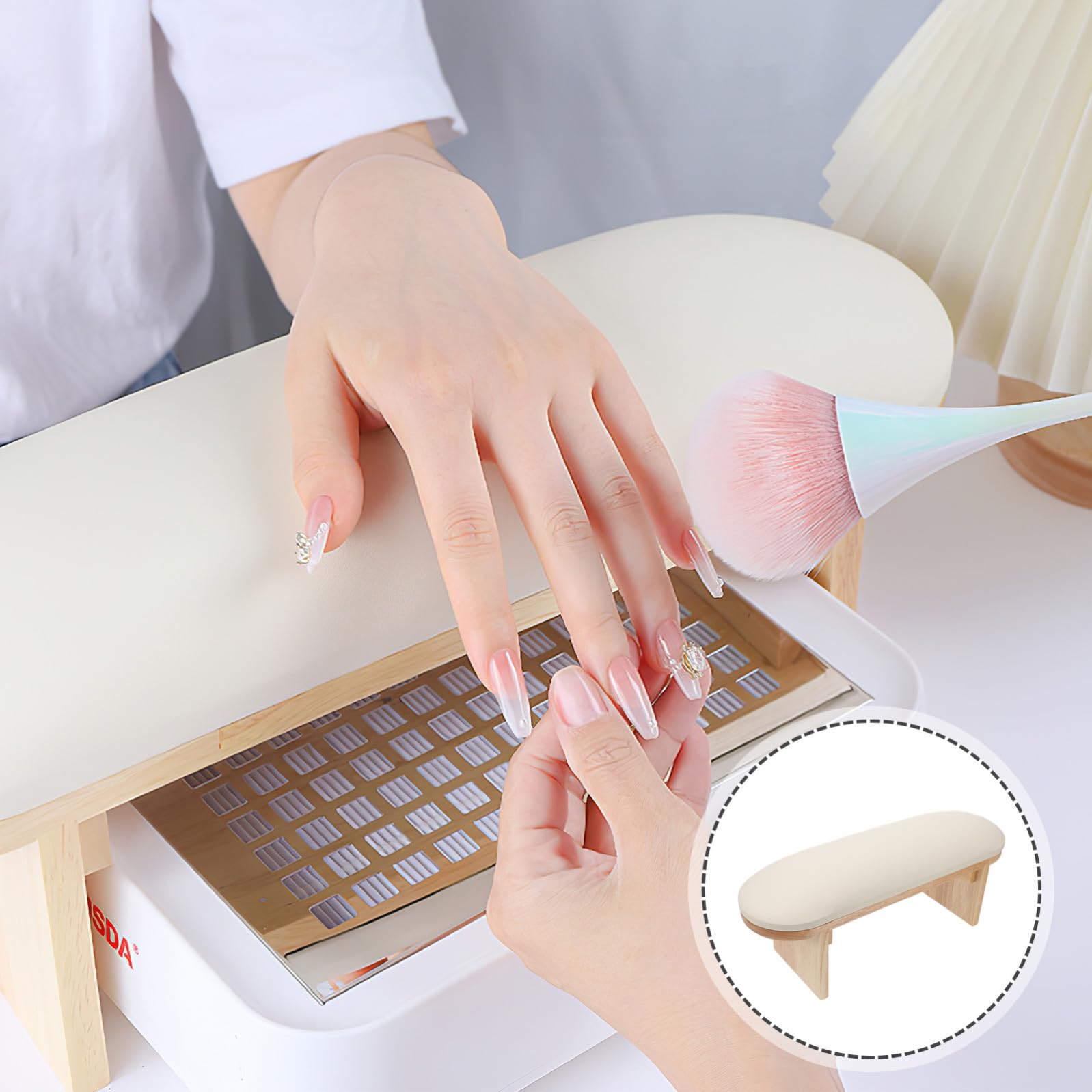 Reposamanos para Decoración de Uñas, Cojín de Pu y Madera Beige