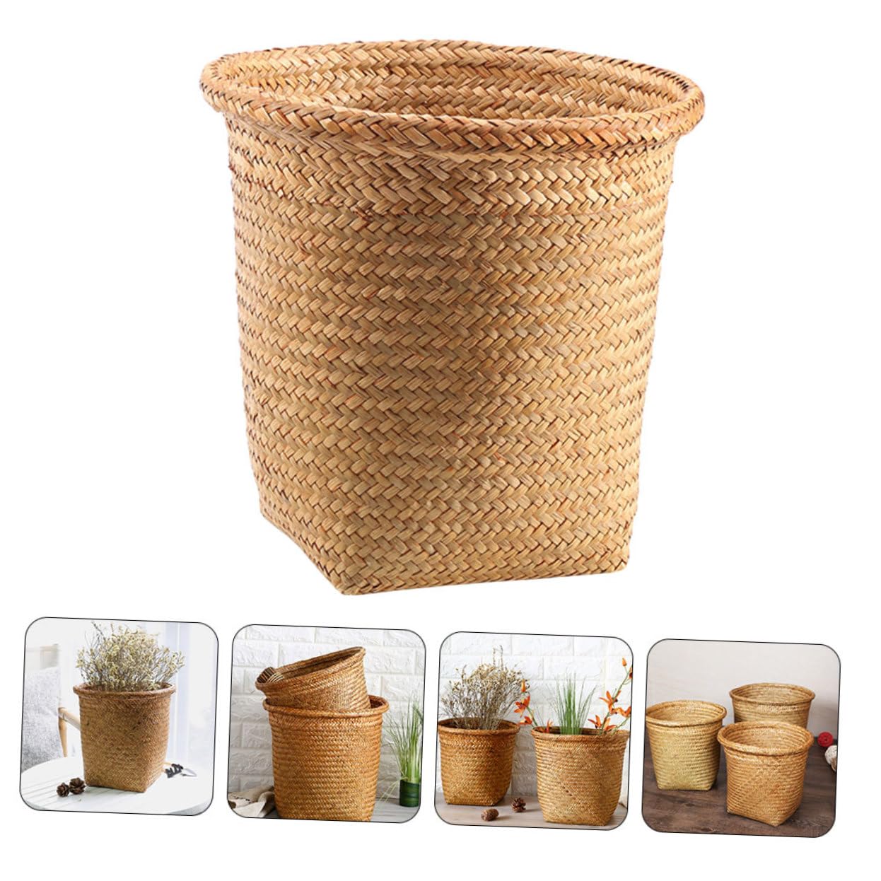 BESTonZON Cesto Rotondo in Paglia Intrecciata Khaki, Grande Capacità | Lavorazione a Mano , Raffinato e Decorativo , per Piante e Oggetti , Uso Multifunzione