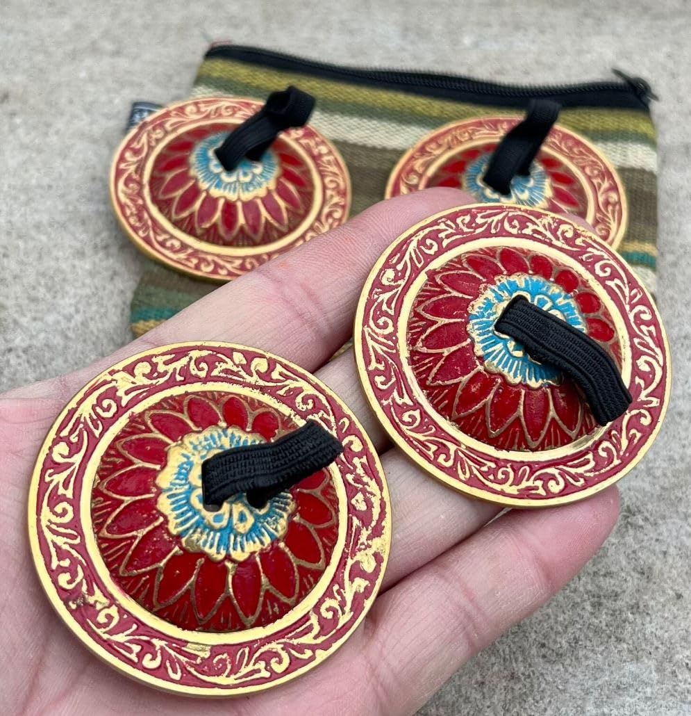 2 Pairs Brass Floral Finger Cymbals Zills for Belly Dancing (Red)