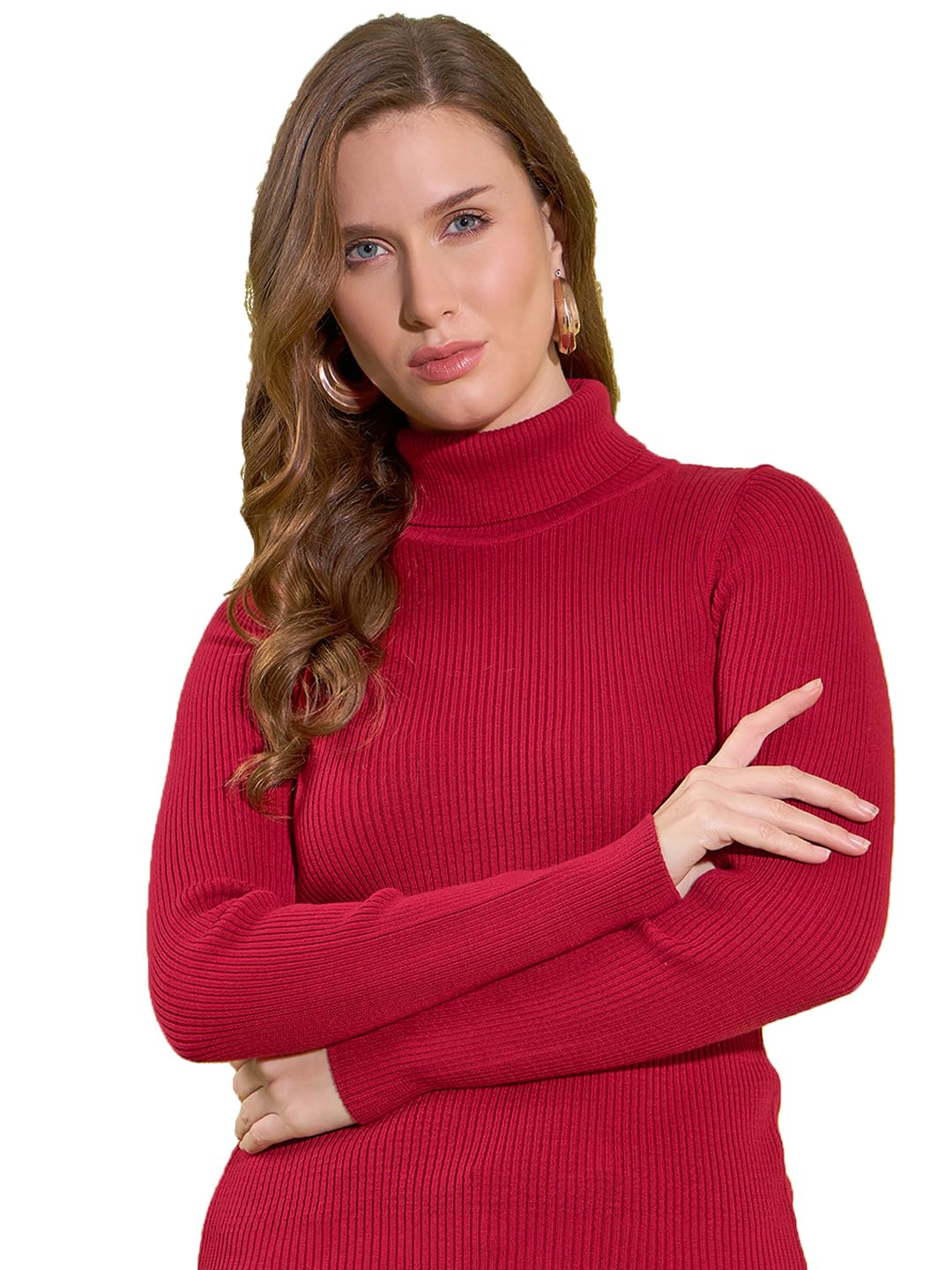 98 north 98 Degree North Women Cotton Self Design High Neck Pullover Has A Full Sleeves and Straight Hem-RG11121-RED-picture-3