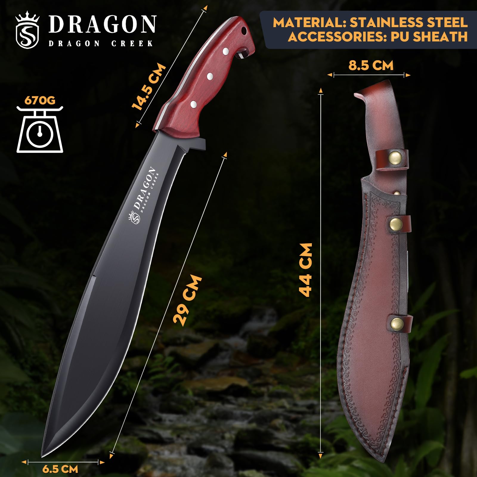 Dragon Creek Großes Outdoor Messer Full Tang Jagdmesser Survival Messer D2 Stahl Buschmesser geeignet für jegliche Bushcraft & Outdoor Aktivitäten Geschenke für Männer