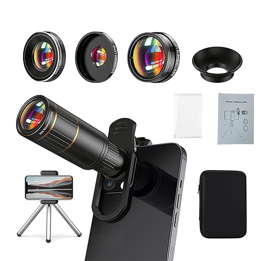 Phone Camera Lens Kit Upgraded Version — Includes 22X Telephoto Lens, 205° Fisheye Lens, 0.67X Wide Angle Lens, 25X Macro Lens, Clip & Mini Tripod for iPhone and Android Phones