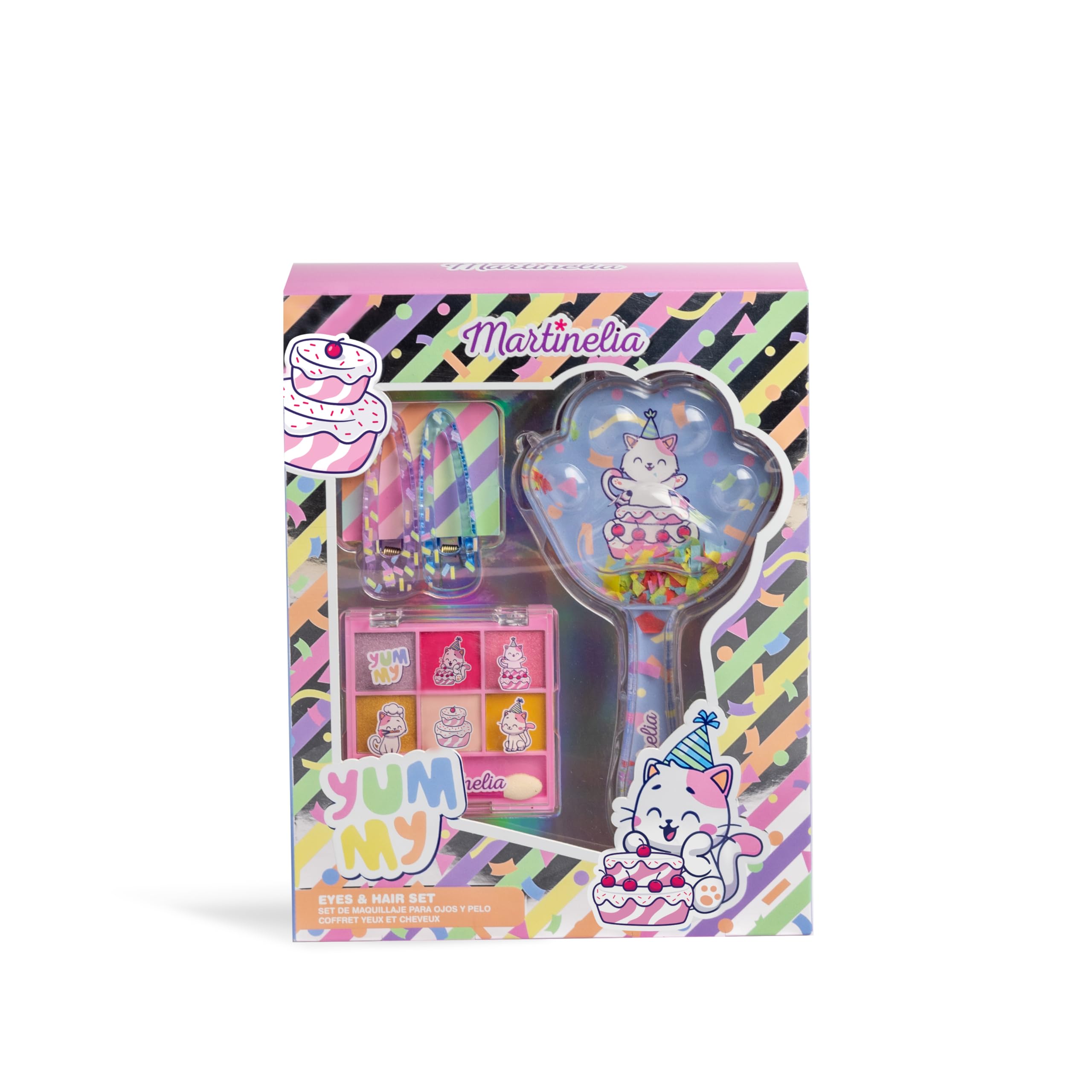 Martinelia – Estuche de maquillaje para ojos y cabello para niños, paleta de 6 sombras de ojos + 2 pasadores + 1 cepillo de pelo – maquillaje infantil – regalo niña – a partir de 3 años