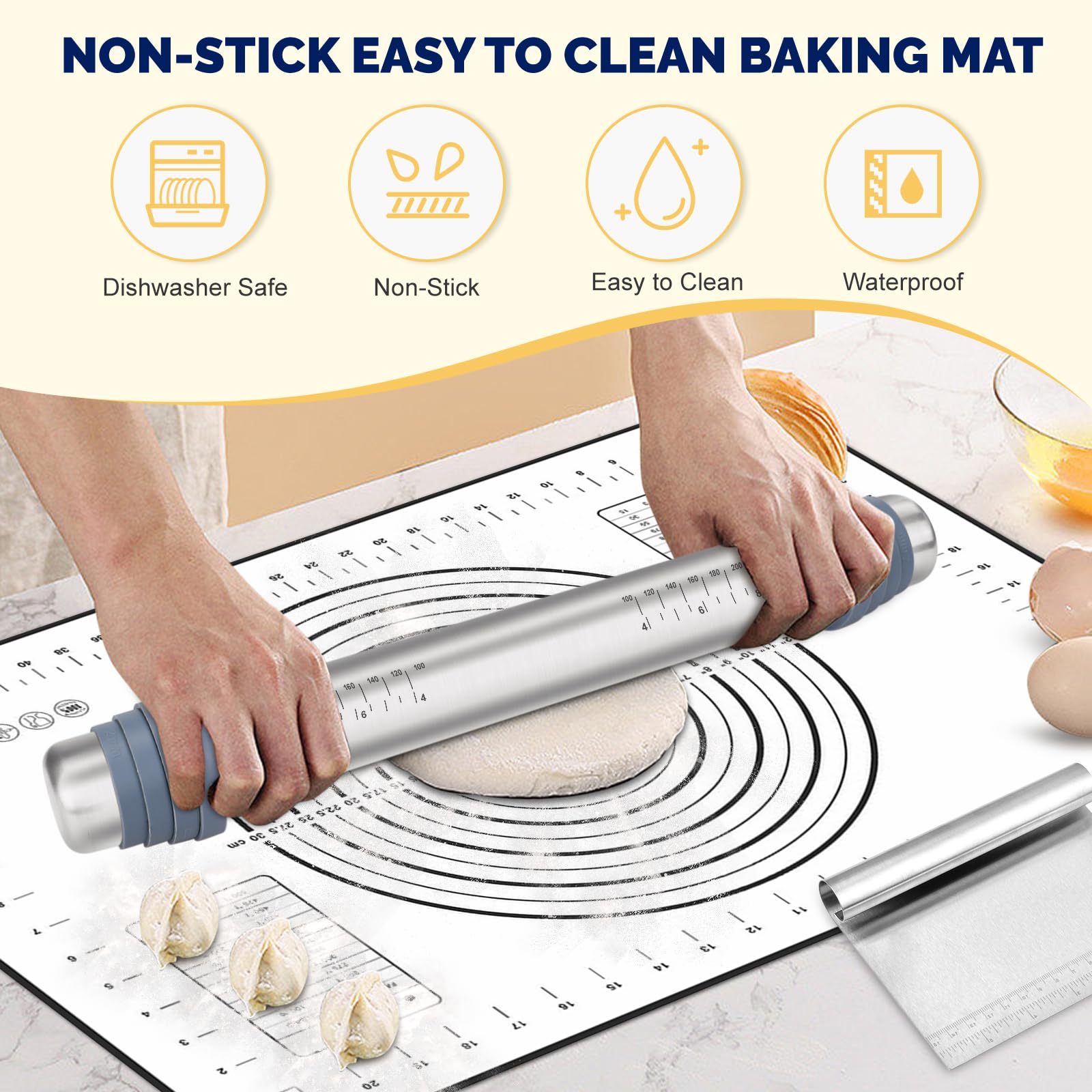 Mattarello in acciaio inox,Mattarelli Antiaderenti,Mattarello Regolabile con 8 Anelli di Spessore,con Tappetino da Forno in Silicone Pennello Olio spatola per Pasta,Pizza,Torte