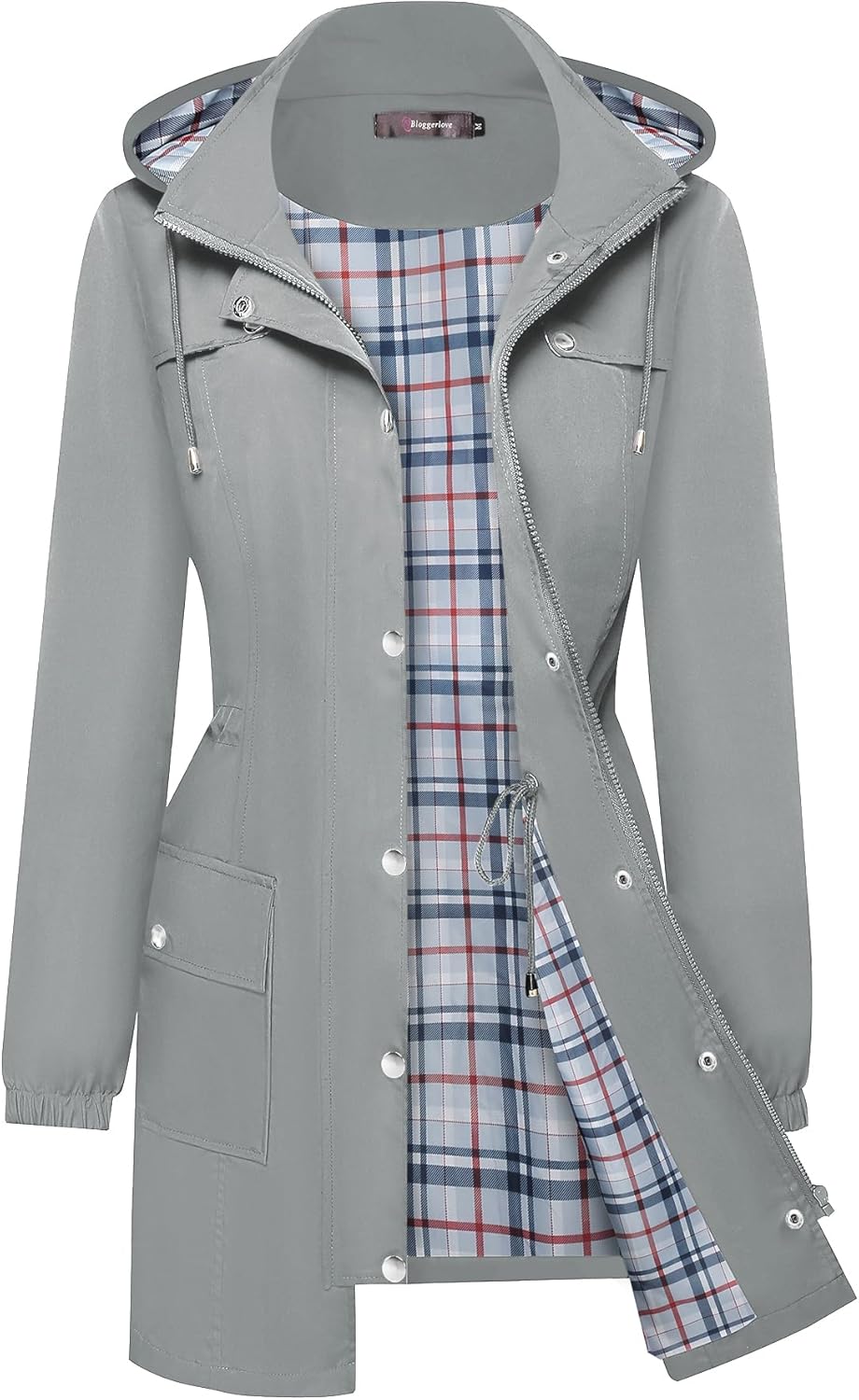((Size S ))Bloggerlove Rain Jacket Women Lightweight Raincoats Outdoor Waterproof Windbreaker Hooded Plaid Lined Trench Coat Grey-plaid Lining