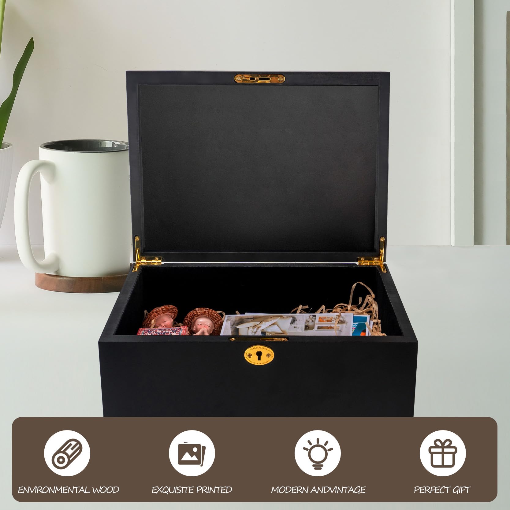 Tree of Life Cajas de recuerdo de madera más grandes con tapas con bisagras y marco de fotos de bloqueo dentro de la tapa, caja de almacenamiento decorativa con tapa de bisagra para cápsula de tiempo