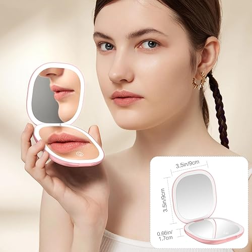 Miniatura 4 de WOBSION Espejo de viaje con luz, espejo de aumento compacto recargable 1x/10x, espejo de bolsillo regulable, 3.5 pulgadas, portátil para bolso