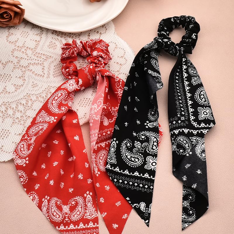 Red Bandana Hair Scrunchies for Women Black Paisley Print Hair Bow Ribbons for Ponytail Holders Hair Accessories for Girls Elastic Hair Ties with Ribbon Hair Scrunchy Bandanas Bowknot Hair Ropes 2PCS - Image 5