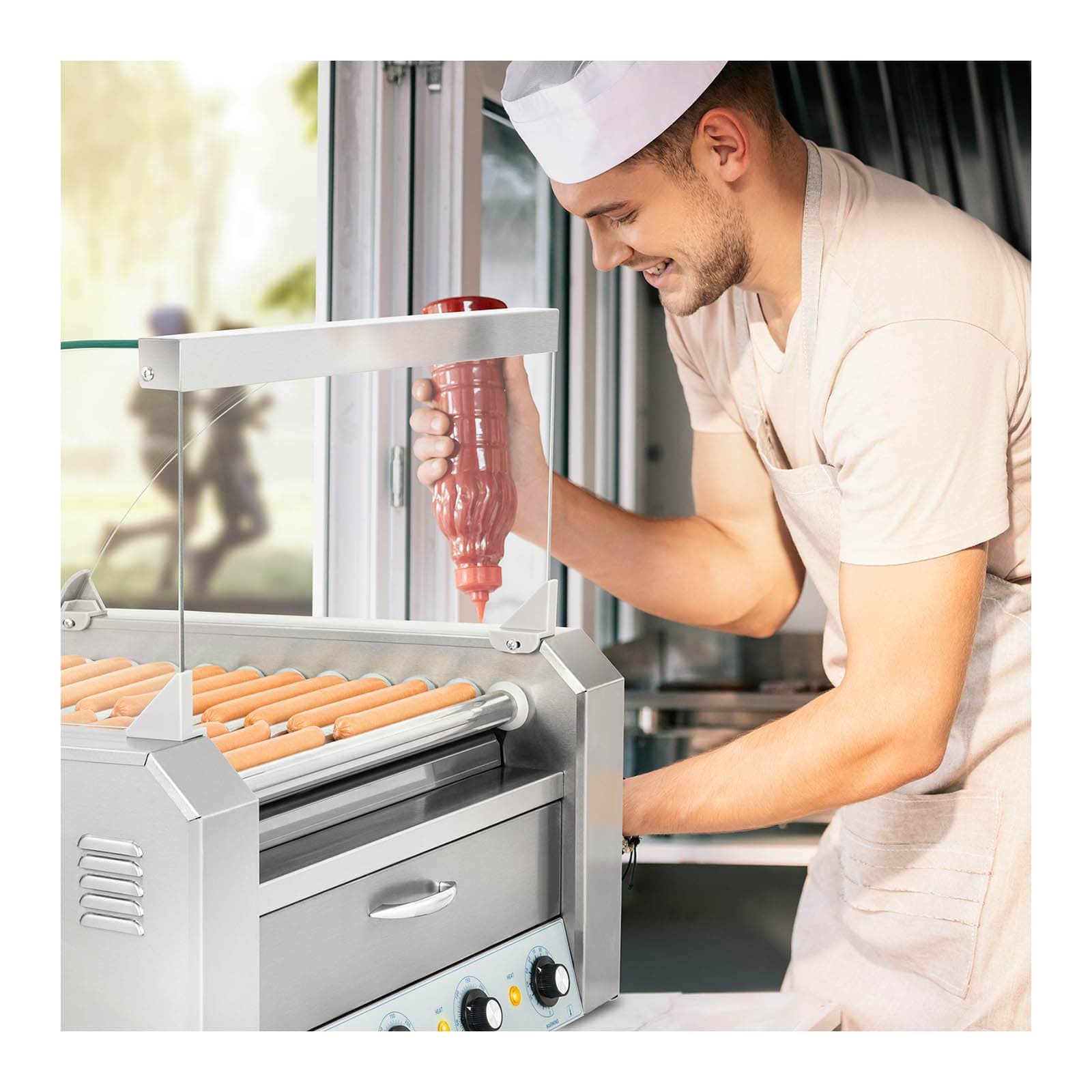 Royal Catering - Hot Dog Grill Hot Dog Maschine (11 Rollen, Edelstahl, 2.150 W, 2 Heizzonen, herausnehmbare Fettauffangschublade, Wärmeschublade, 20 Würstchen, mit Hartglasabdeckung)