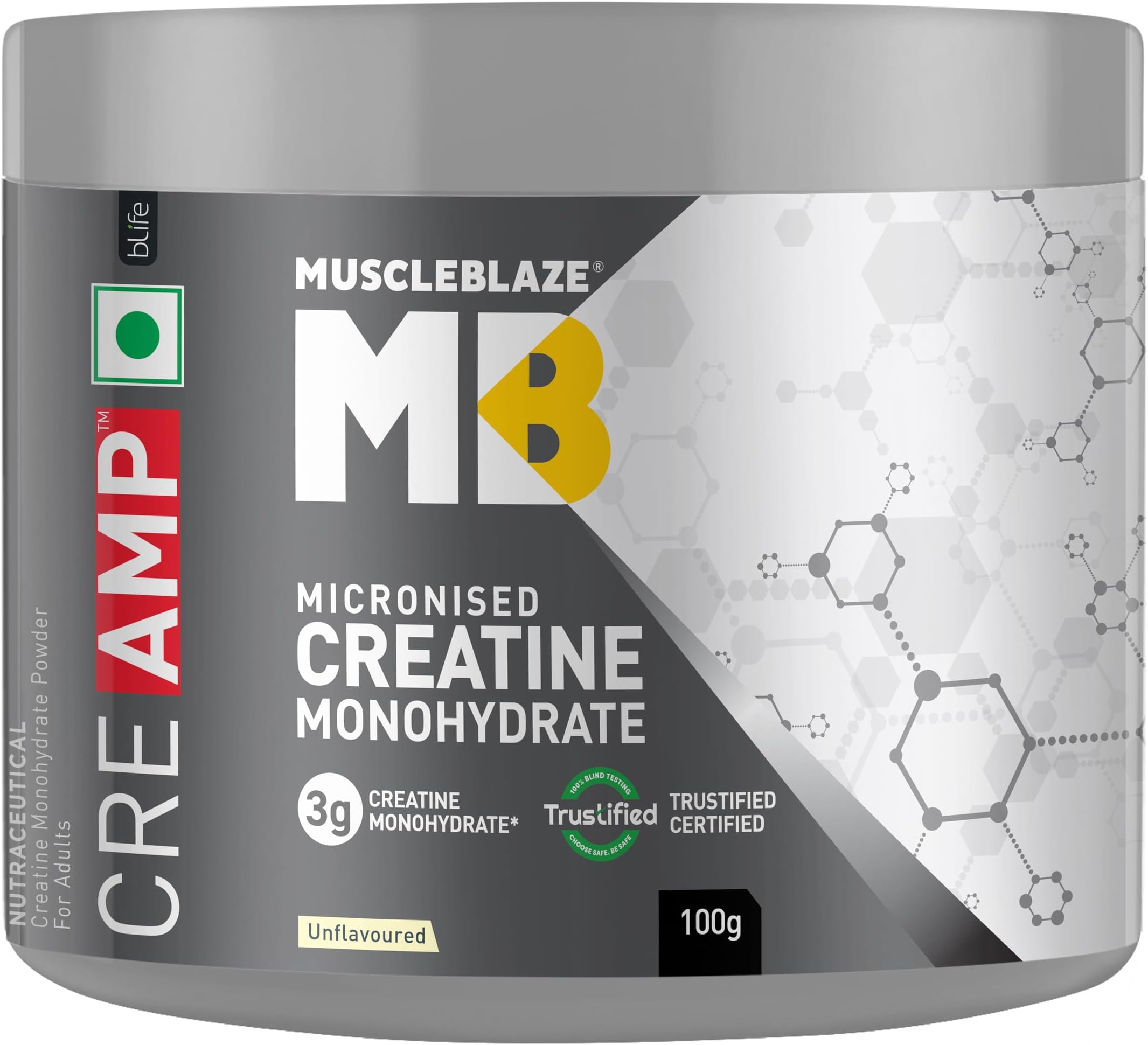 MuscleBlaze Micronised Creatine Monohydrate CreAMP Powder, Unflavoured (32 Servings, 100g) | Trustified Certified Creatine