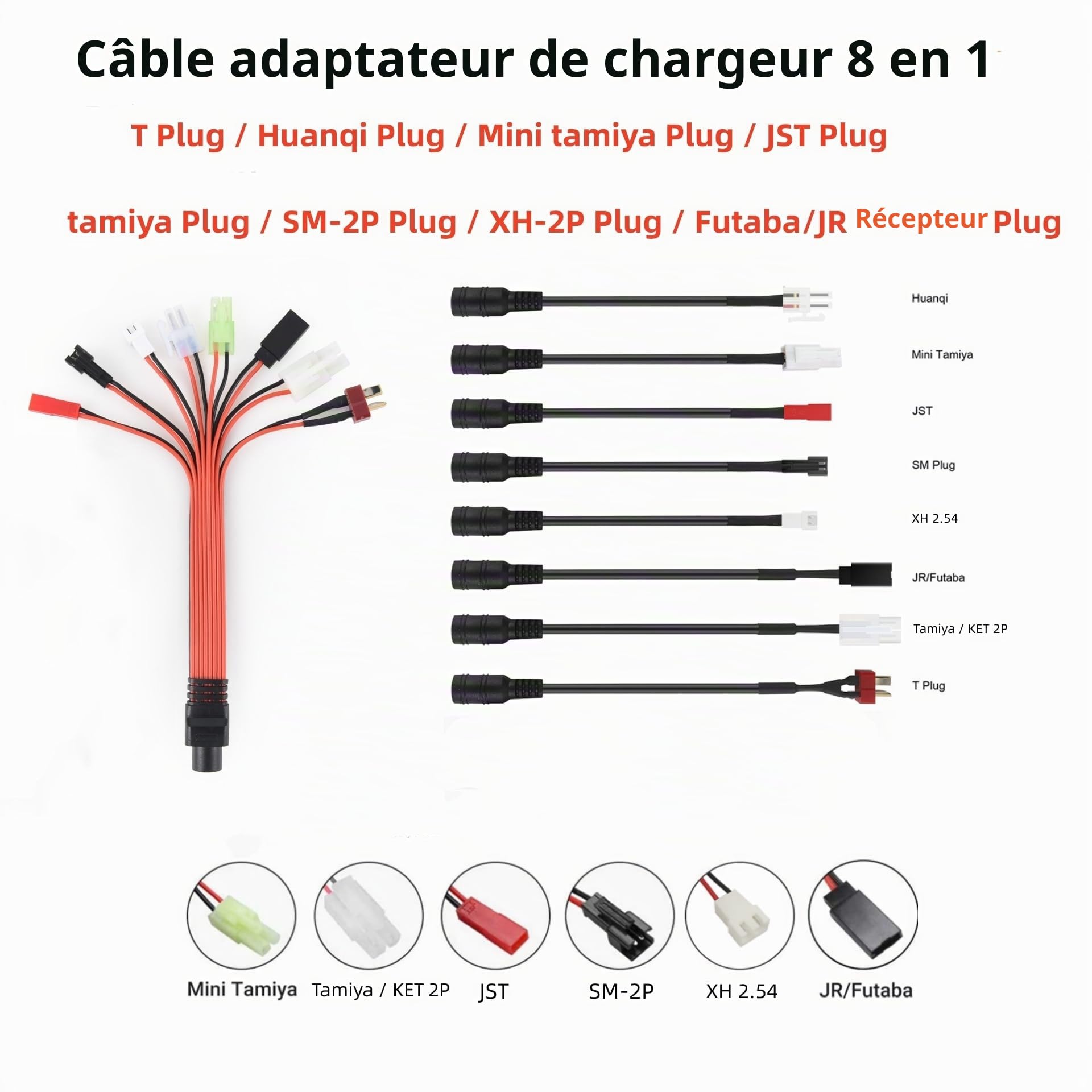 Aliwisdom Universel Chargeur Batterie RC pour 2.4V-12V (2S-10S) NIMH & NICD Batterie avec SM 2P, Tamiya/KET 2P, XH 2.54, Mini Tamiya, Huanqi, JST, Futaba/JR, T Plug Connecteur Câble pour Voiture RC