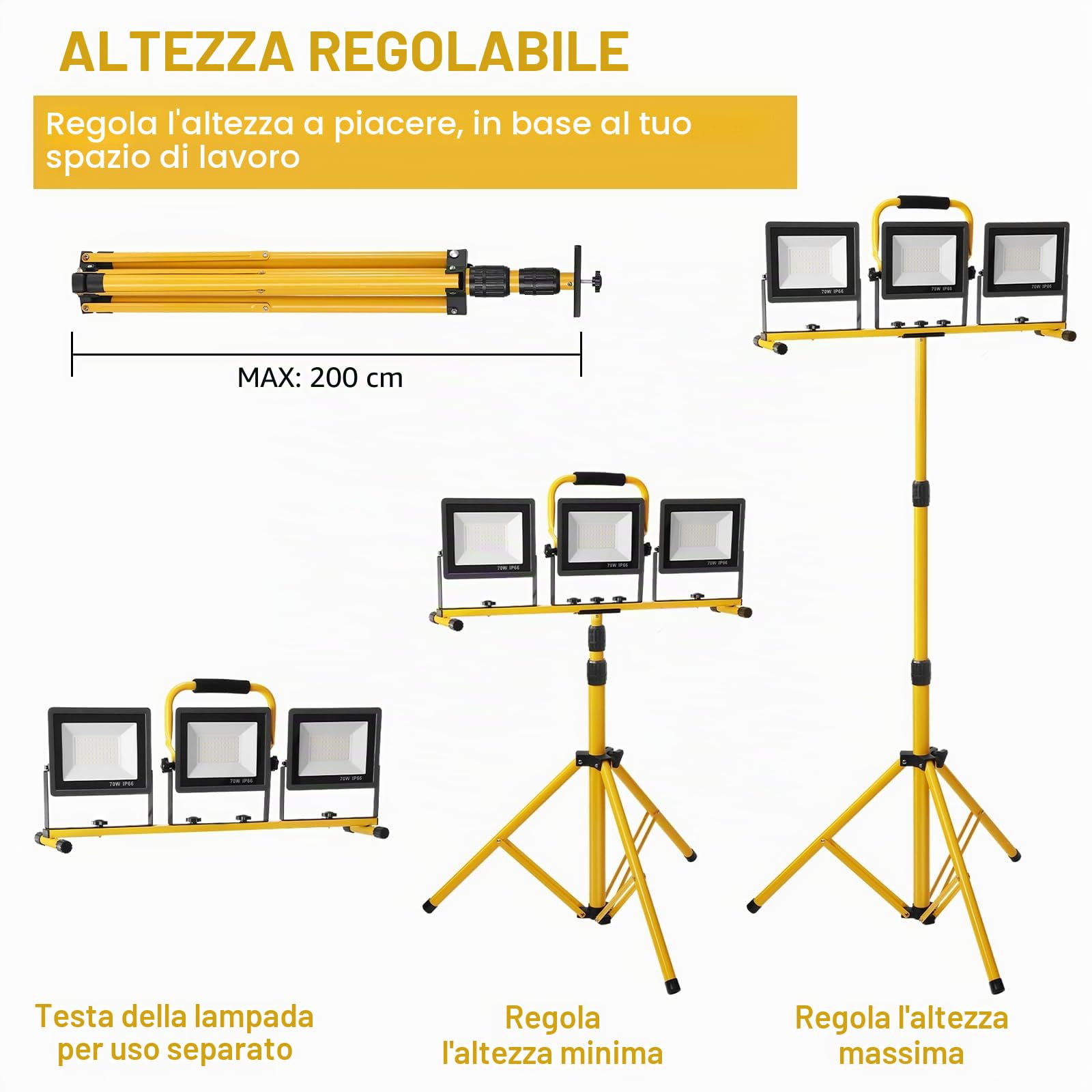 Yofuly 3 × 70W Faretto LED da Cantiere, 21,000 Lumen Lampada da Lavoro Faro IP66 con Impermeabilecon 3 Teste e Altezza Regolabile Treppiede Proiettore LED per Cantiere, Riparazione, Campeggio