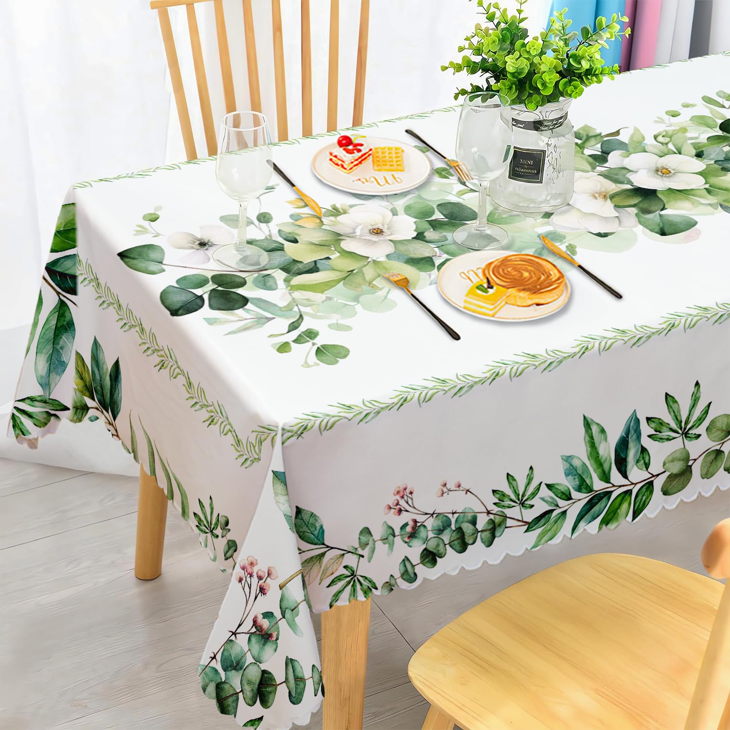 iEvery Eucalyptus Floral Tablecloth Wipe Clean 140x240cm, Wipeable Rectangular Table Cloth Waterproof Stain-Resistant Polyester Table Cover for 6-8 Seater Dining Kitchen Patio Garden Outdoor Decor