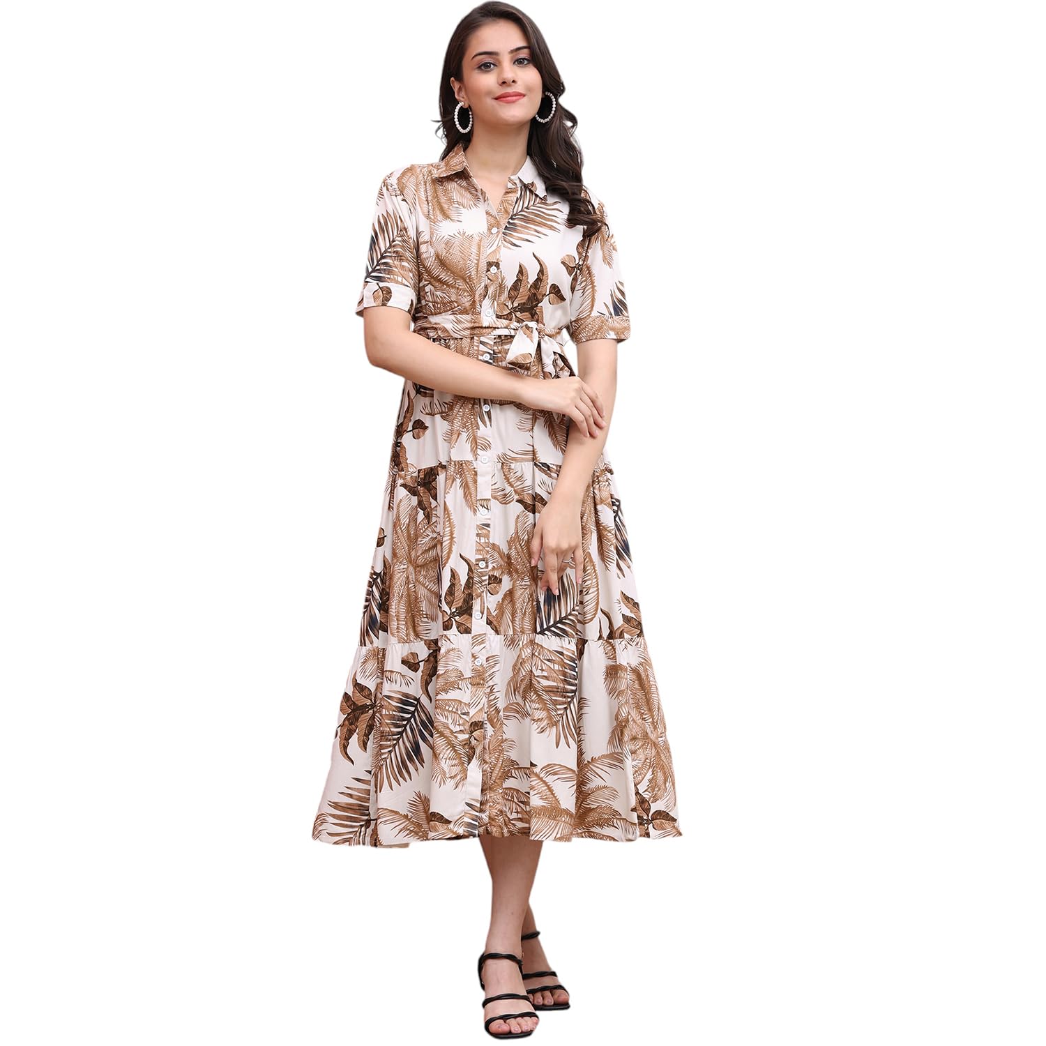 ClauraTropical Printed Pure Cotton Fit and Flare Midi Dress