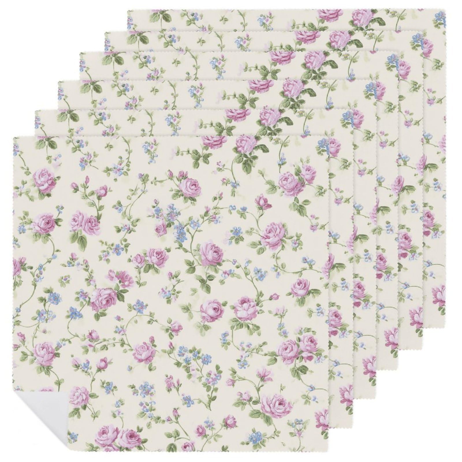 Floral Pink Roses Flowers with Curling Sprigs Cloth Napkins Set of 6, Square Premium Reusable Washable Polyester Table Linen Napkin for Dinner Party
