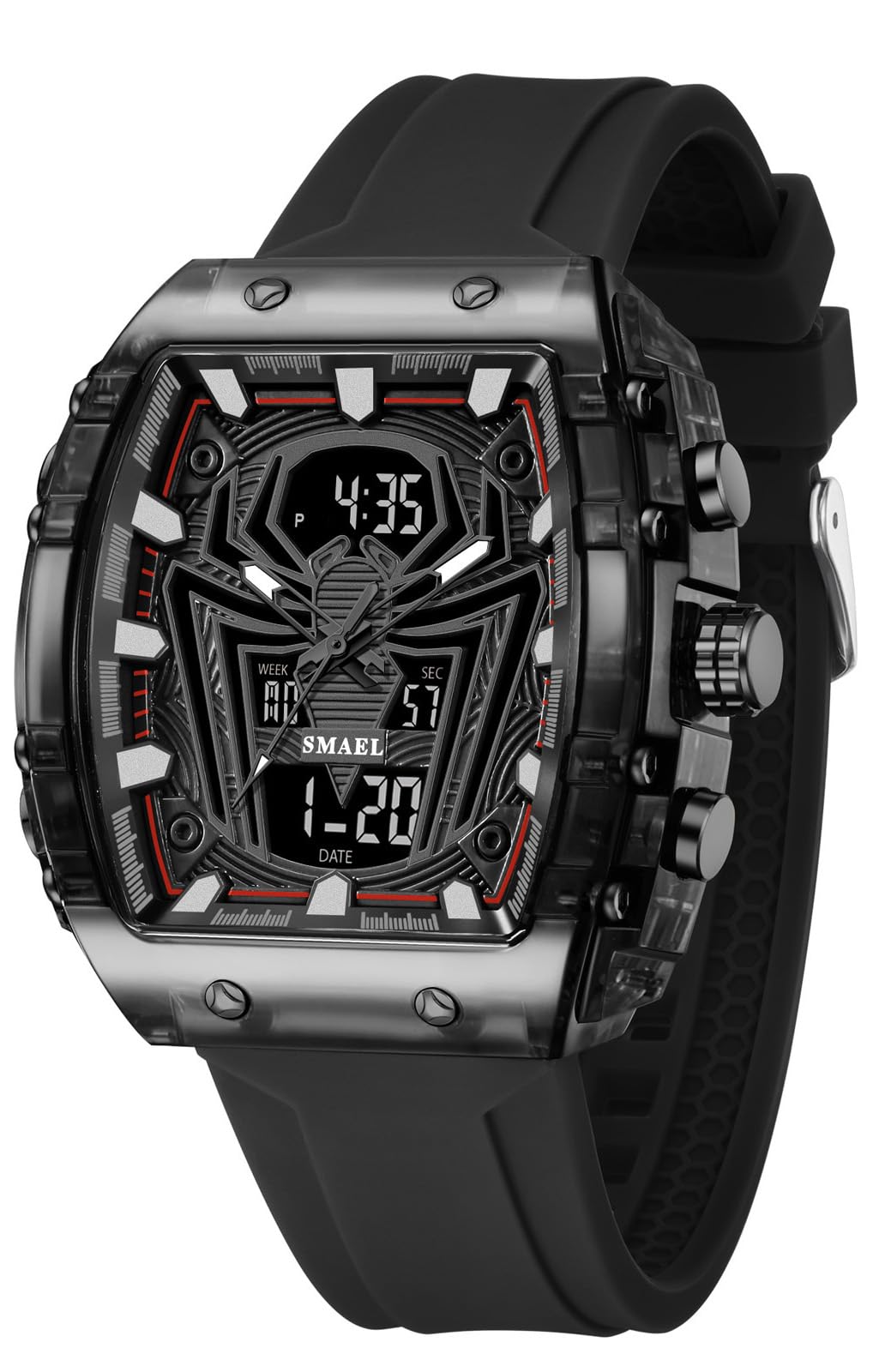 MASTOP Reloj de cuarzo de lujo Spider Man, esfera grande, digital, analógico, doble visualización de hora, cronómetro, diseño punk, correa de silicona, reloj de pulsera para hombre