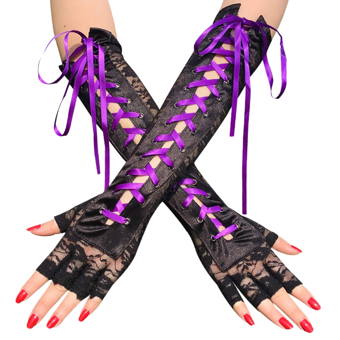 Seeksmile Women's Lace Up Elbow Length Steampunk Gloves Sexy Fingerless Gothic Arm Warmer Satin Long Glove