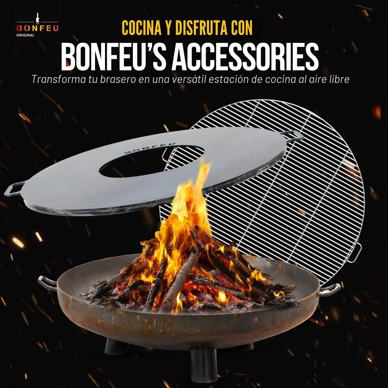 Cuenco de Fuego BonFeu BonBowl Acero Corten - Hoguera de Exterior - Braseros de 60 a 150 cm (Marrón óxido, Ø80 Pies y Asa)