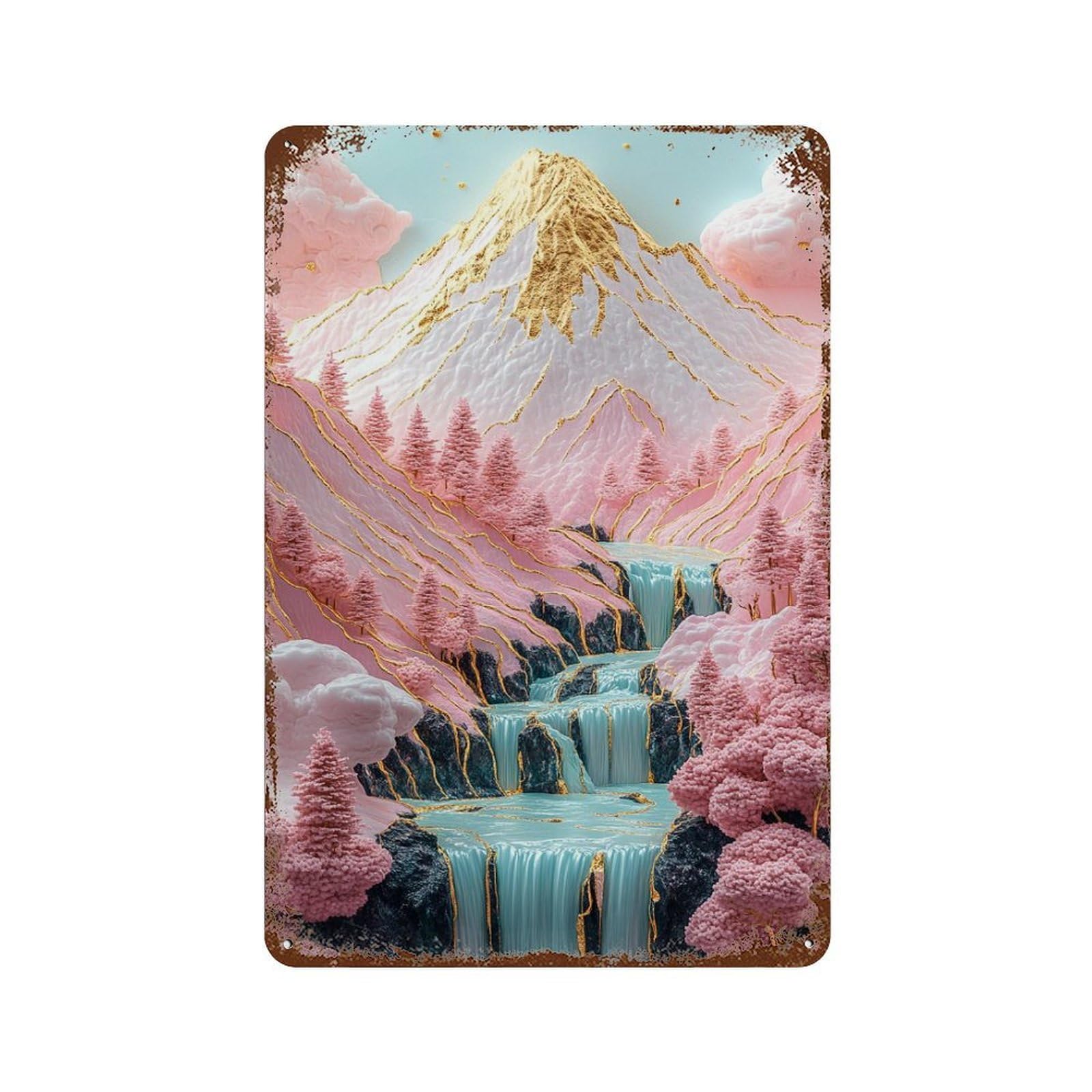 Fantasy Pink Mountain Landscape Decorative Tin Sign 11.8"x7.9", Retro Wall Decor for Living Room, Hallway And Home Decor