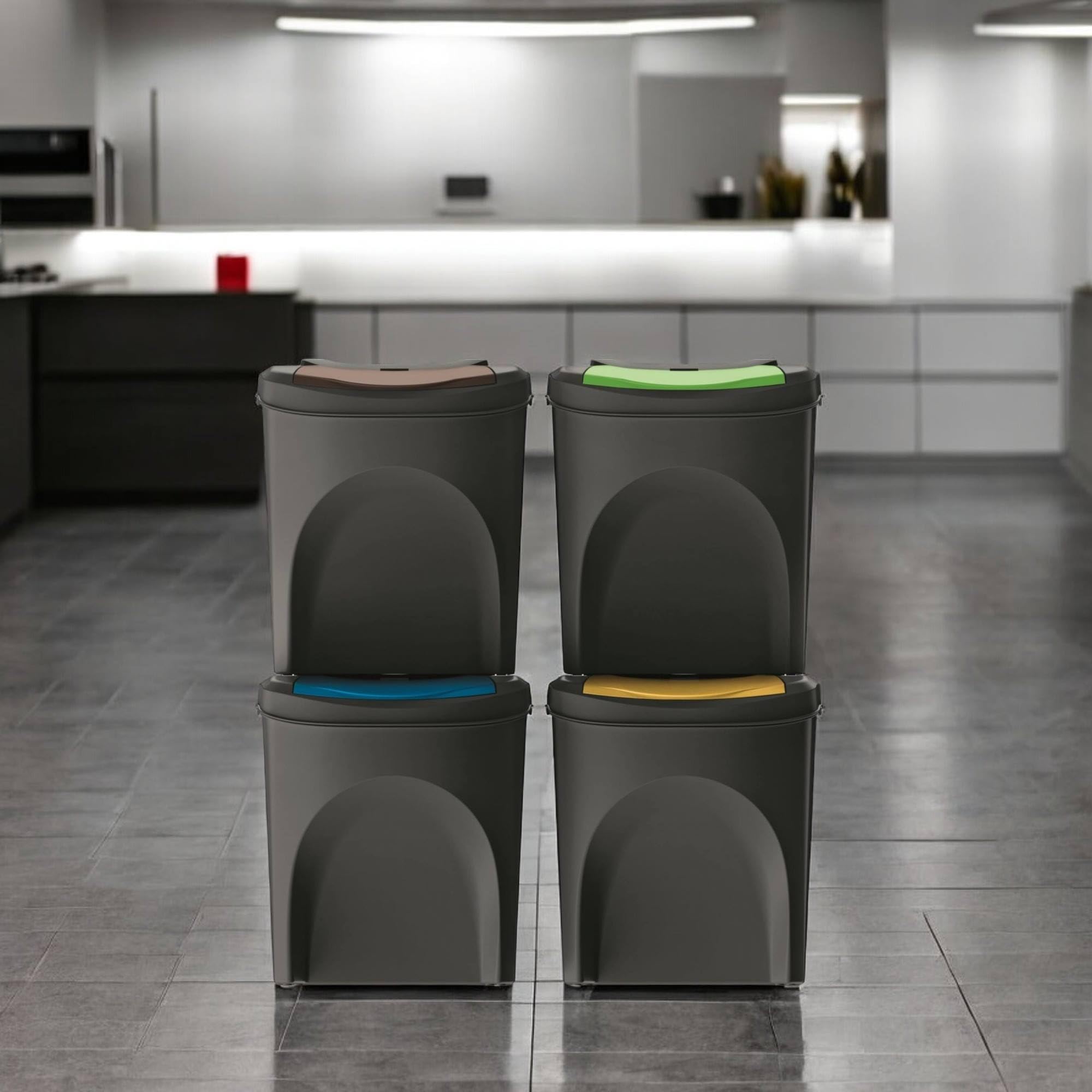 WELL HOME MOBILIARIO & DECORACIÓN Zestaw 4 pojemników na śmieci w 100% z tworzywa sztucznego z recyklingu, czarny, 4x 25 l
