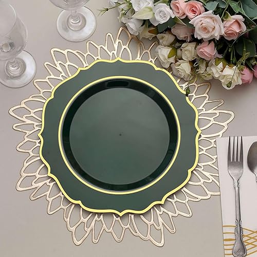 Miniatura 8 de Tableclothsfactory Paquete de 10 platos desechables de plástico dorado de 10 pulgadas con borde festoneado dorado para bodas, recepciones al aire