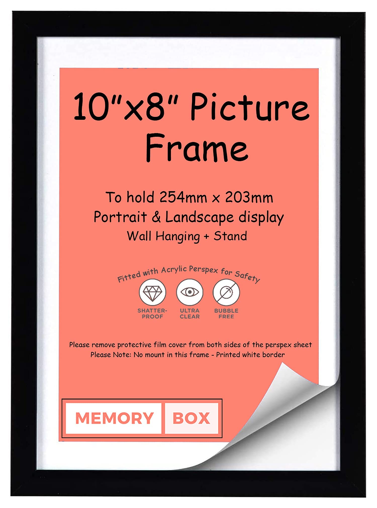 Memory Box Wrapped MDF Picture/Photo/Poster frame with Real Glass - Moulding 20mm Wide and 15mm Deep - (25.4 x 20.3cm) Black 10" x 8"