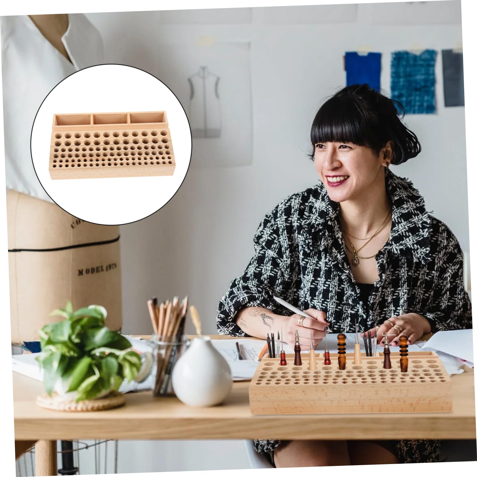 PLAFOPE Madera Organizador de Herramientas de Cuero Marrón para Artesanía