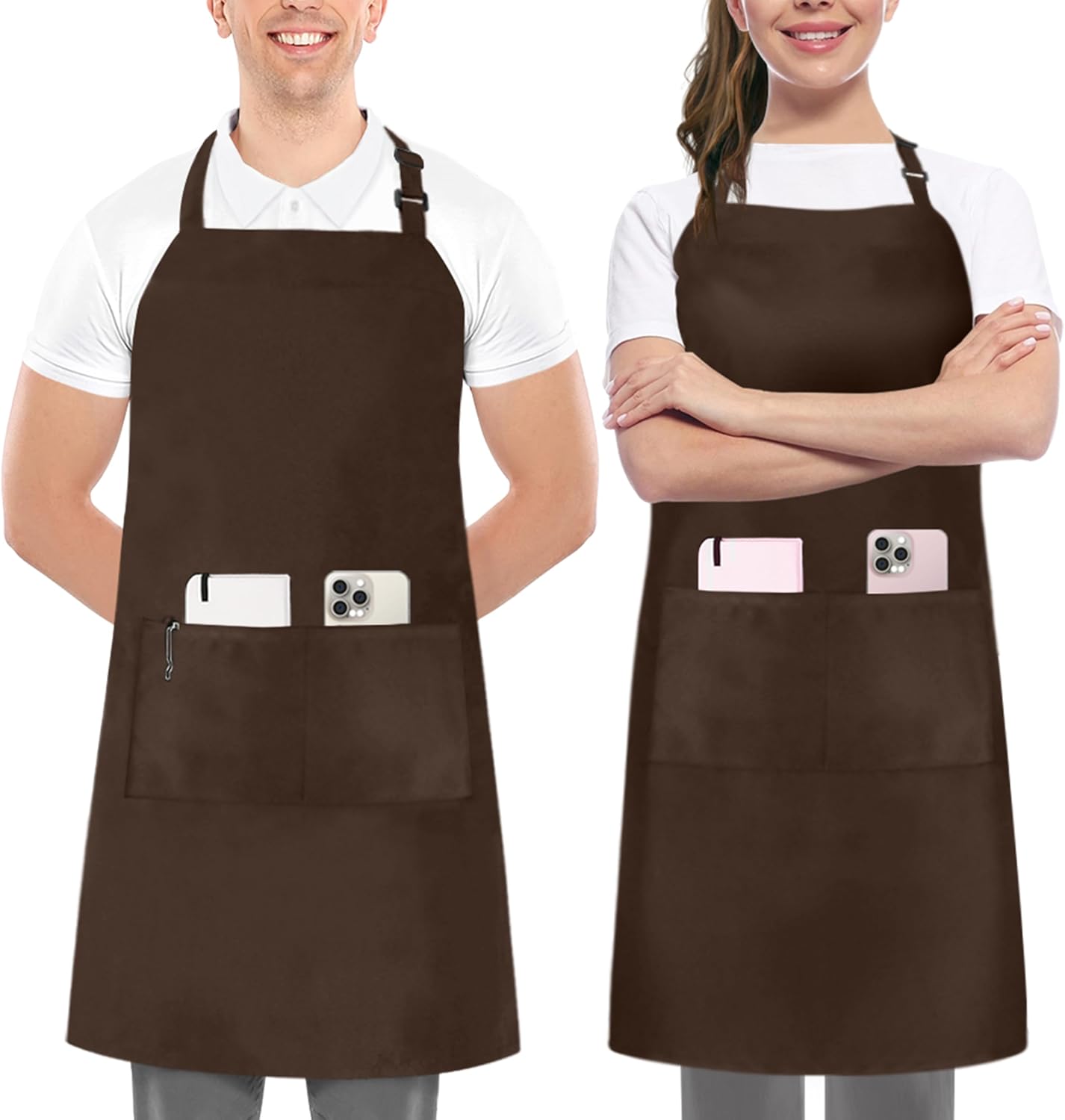Brown Polyester Adjustable Bib Aprons with Pockets, Set of 2