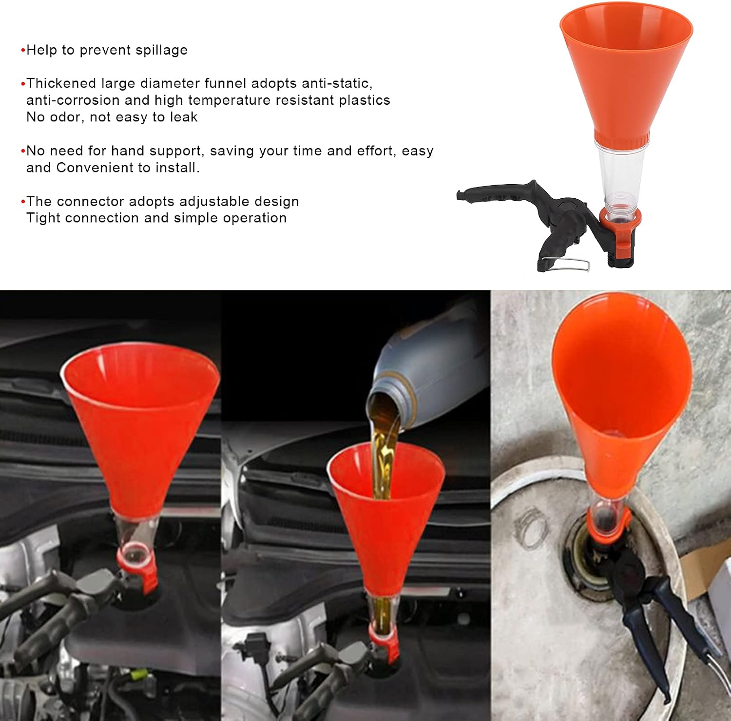 Akozon Oil Funnel Kit - ABS Funnel with Clamp, Adjustable Adapters All in One