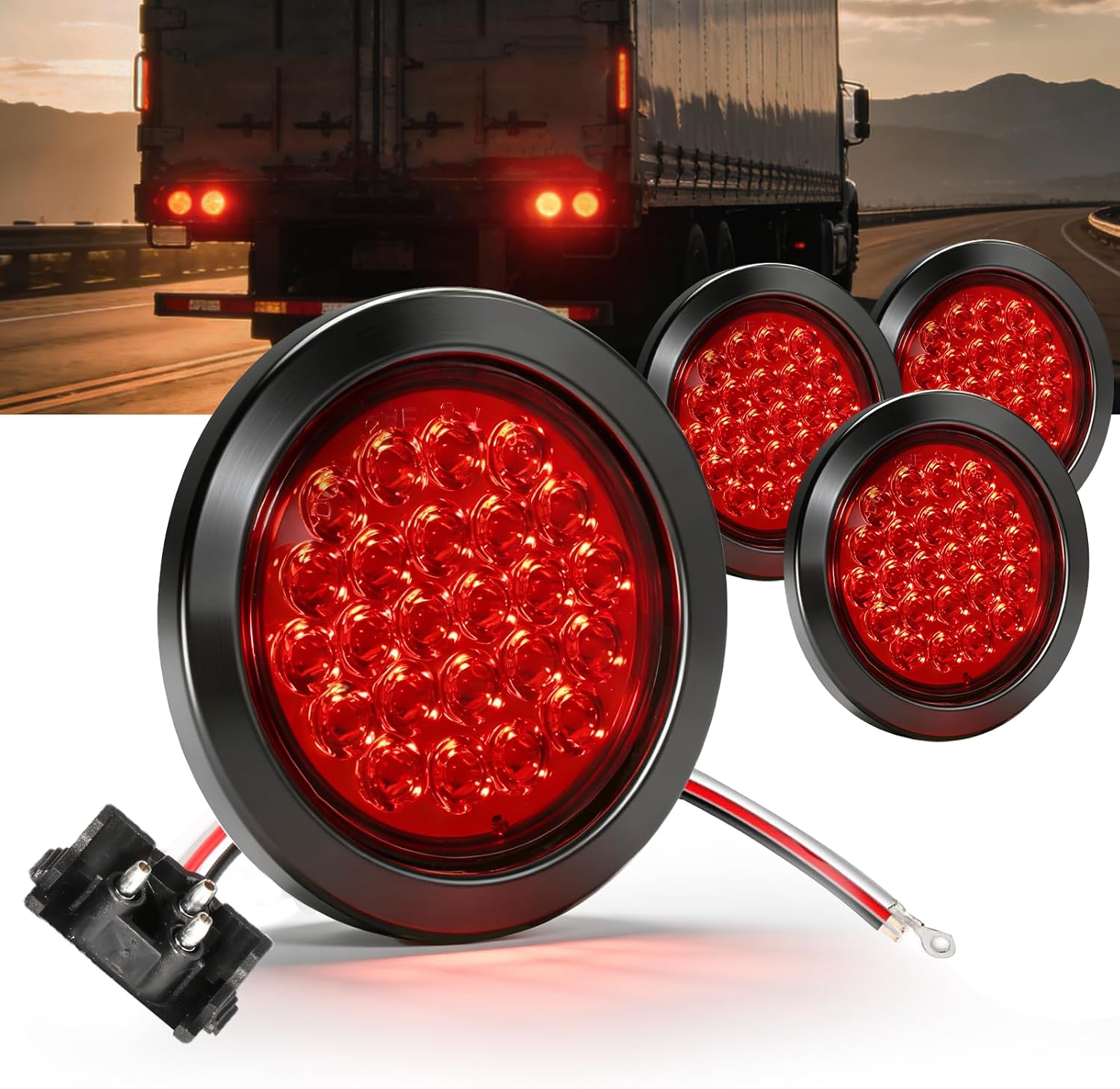 TIROL 4" Round Trailer Tail Light - 4PCS 24LED Red Stop Turn Brake Tail Back-up Reverse Fog Lights, Turn Signal Lamps for Boat RV Truck, 12V Flush Mount with Grommet Plug