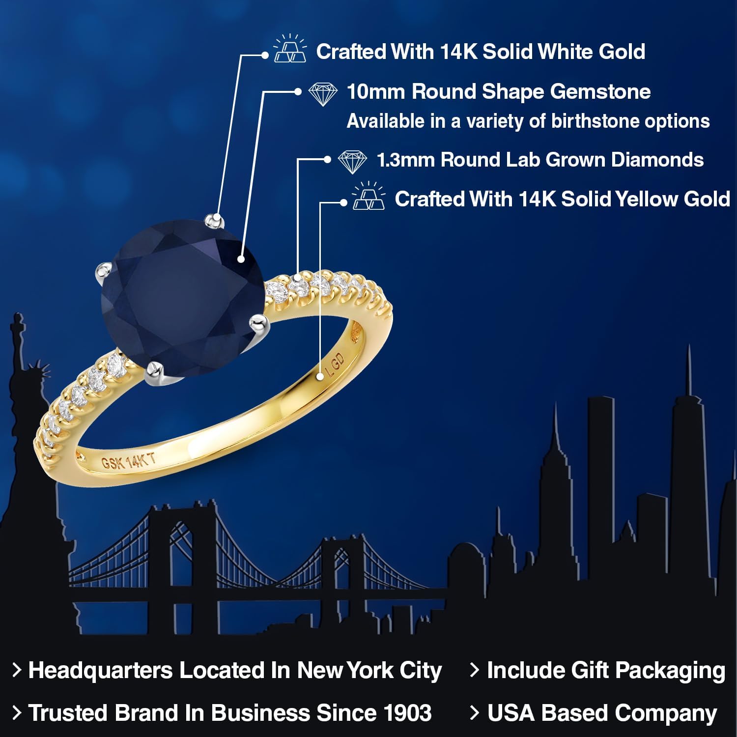 Gem Stone King 14K 2 Tone Gold Blue Sapphire and Lab Grown Diamond Engagement Ring For Women | 5.11 Cttw | Round 10MM | Gemstone Birthstone | Wedding Anniversary Promise Ring For Women - Image 2