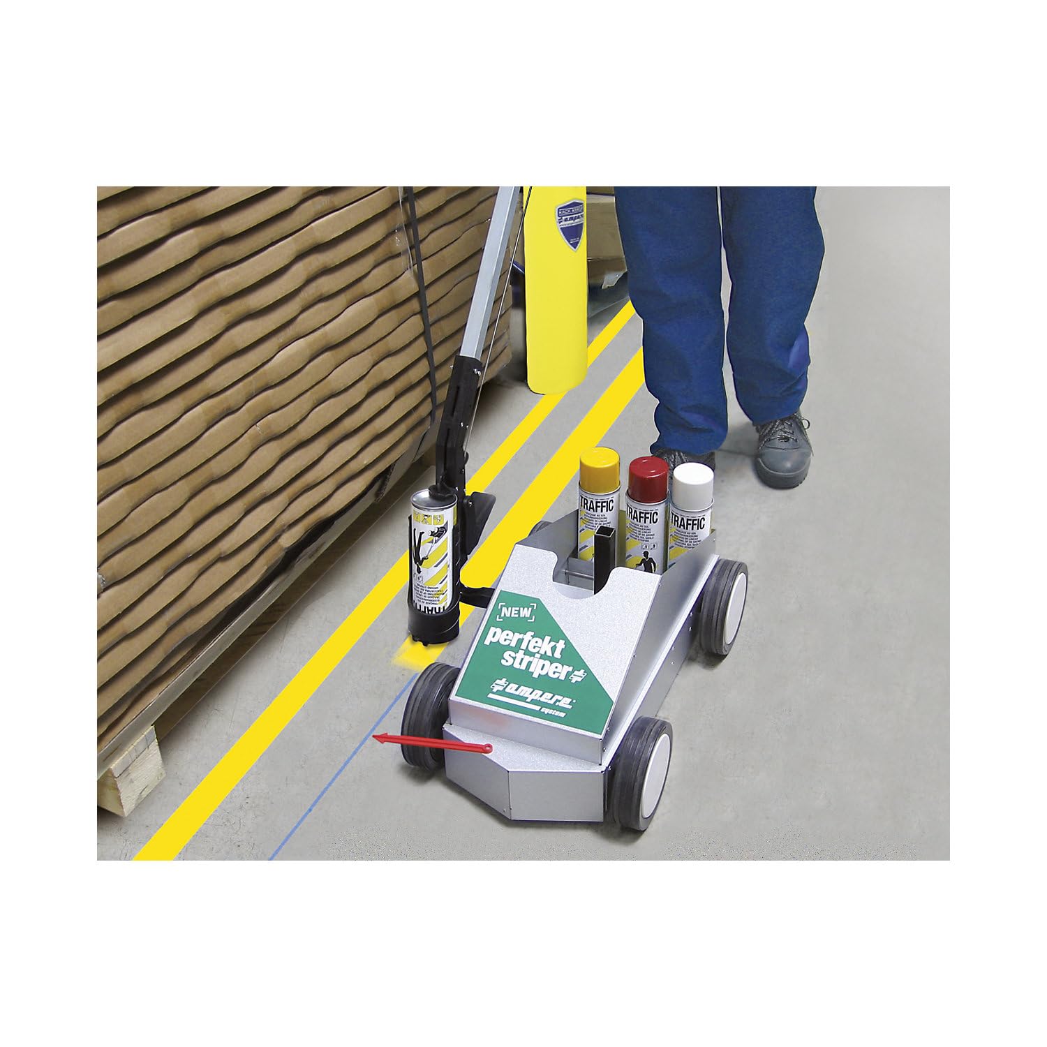 Ampere | Bodenmarkierwagen-Set | Markierwagen mit 12 Dosen Traffic Paint | Weiß | inkl Zubehör