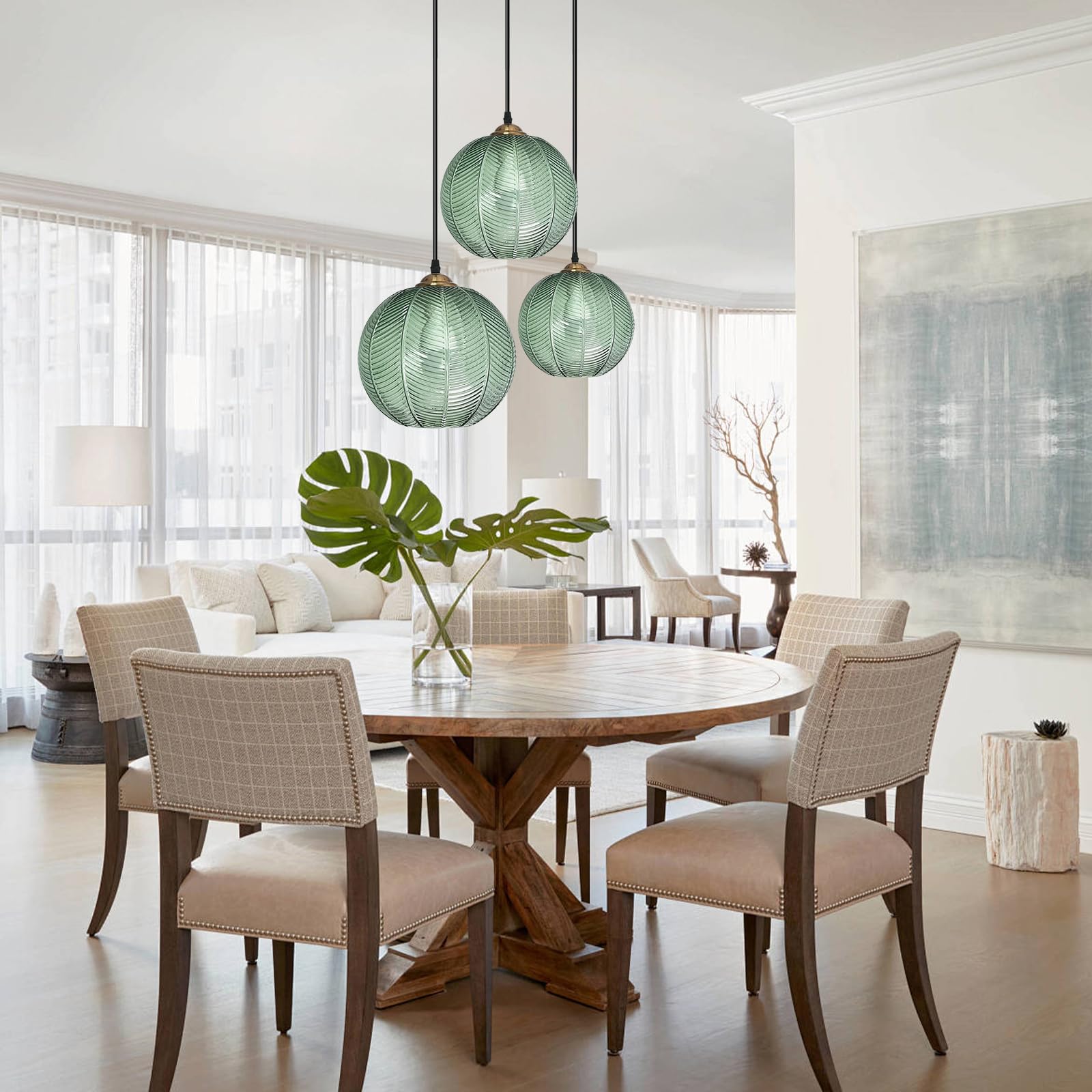 Genérico Lámpara Colte De Tres Brazos con Pantalla De Cristal Verde, Altura Regulable, Pantalla De Cristal Texturizado, Certificación Ul, Apta para Cocina, Comedor Y Sala De Estar (3 Set)
