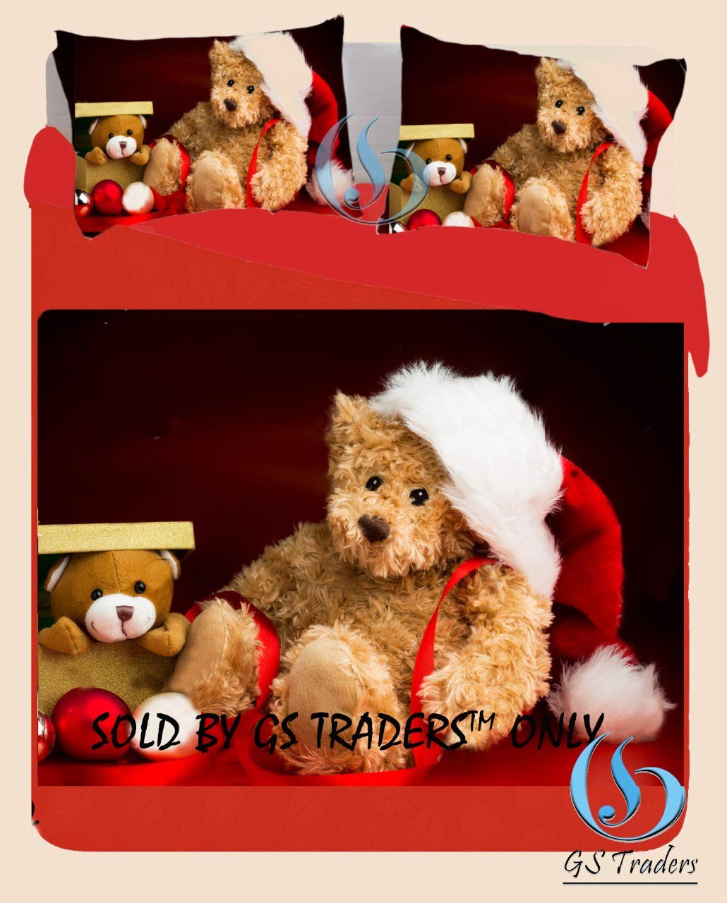 GS Traders™ Glace Cotton Digital Print King Size/ Double Bedsheet 5d with 2 Pillow Covers Santa Teddy