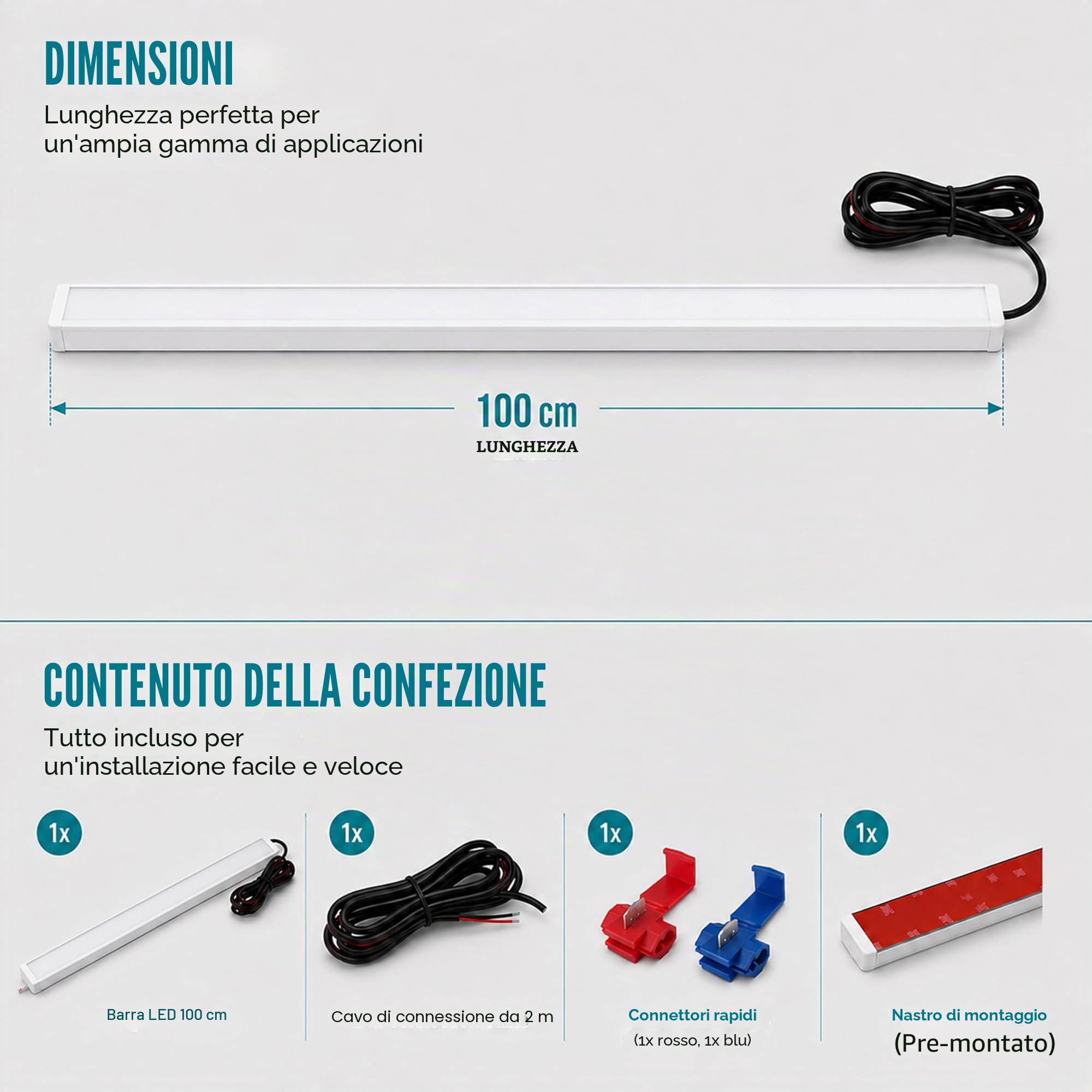 Illuminazione LED per vano di carico, illuminazione interna, baule, 100 cm, luce bianca opaca, per auto, camper, furgone, bus, caravan, boat, cucina, camera