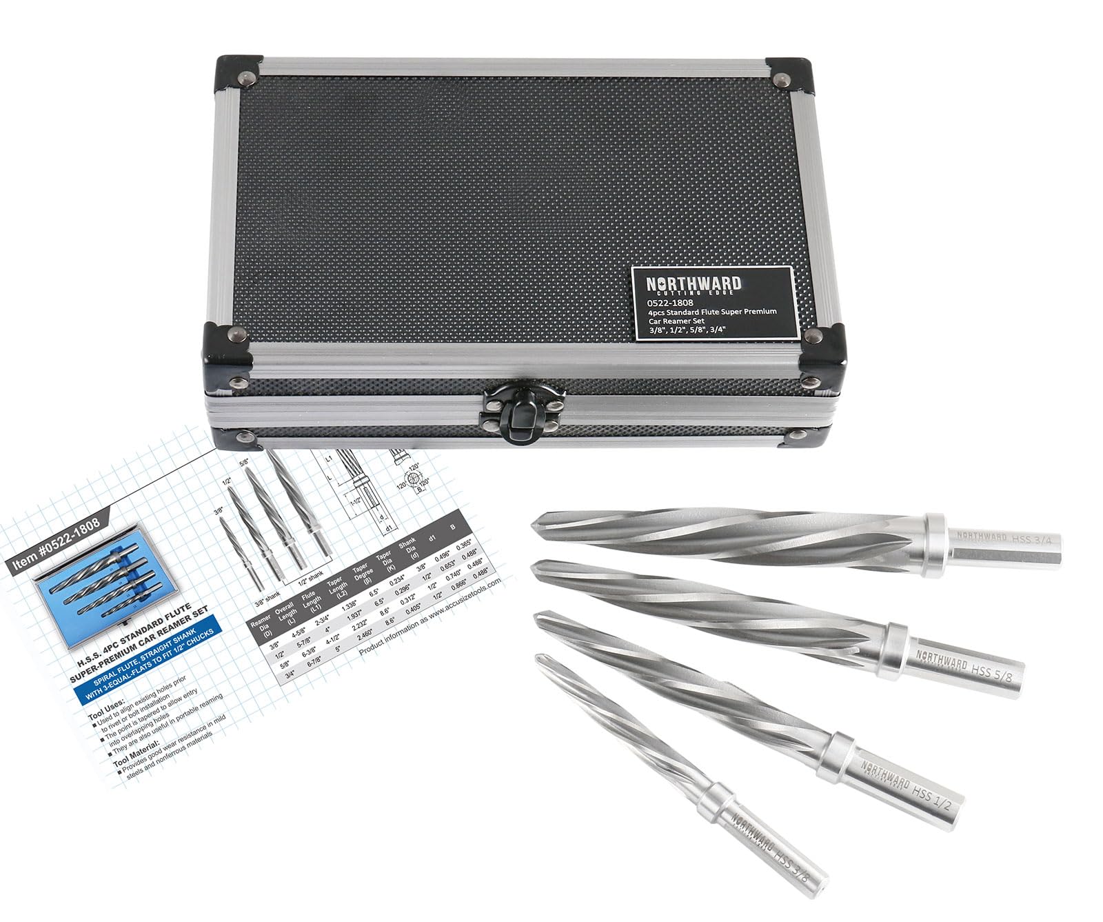 Accusize Industrial Tools 4 szt. H.S.S. Standardowy spiralny flet Super Premium zestaw rozwiertak samochodowy, 3/8", 1/2", 5/8", 3/4", pasuje do uchwytu chwytowego 3/8" lub 1/2", 0522-1808