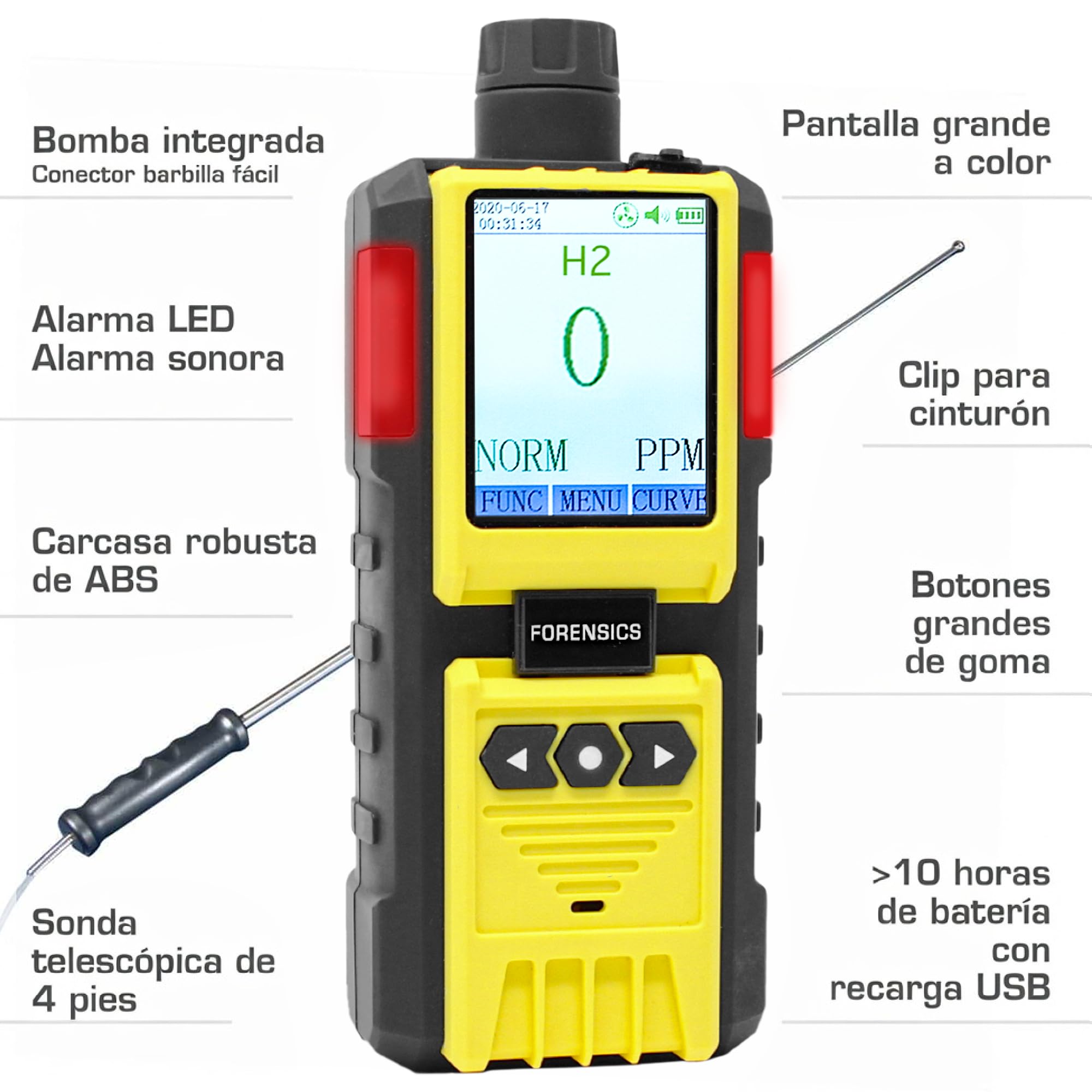 Analizador de Gas Hidrógeno | Certificado de Calibración EU | Rango: 0–1000 ppm | Bomba Integrada y Sonda de 4 Pies