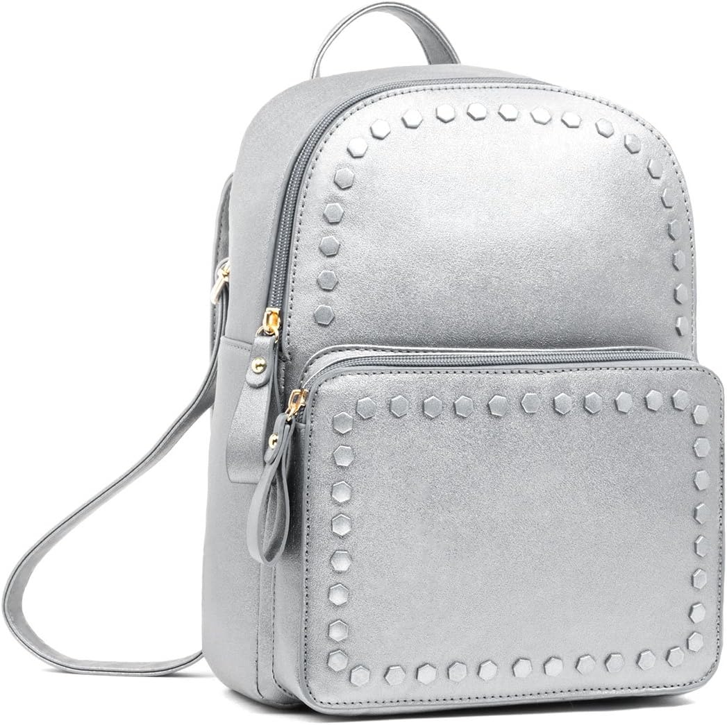 Beariky Metallic Leather Backpack for Women - Stylish Fashion Square Bag Purse for Girls (Silver)