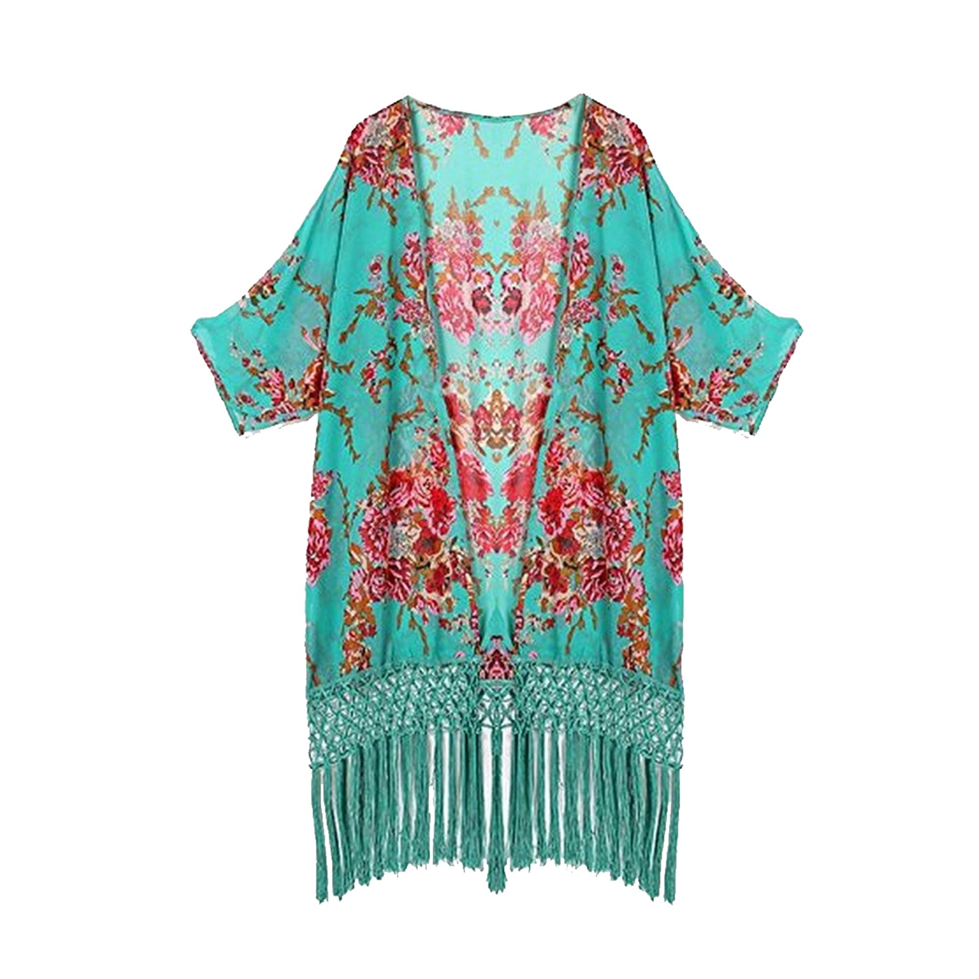 LA HUATE Women's Tassel Beach Bikini Cover up Floral Printed Beachwear Swimwear Bathing Suit Kimono Cover Up Green
