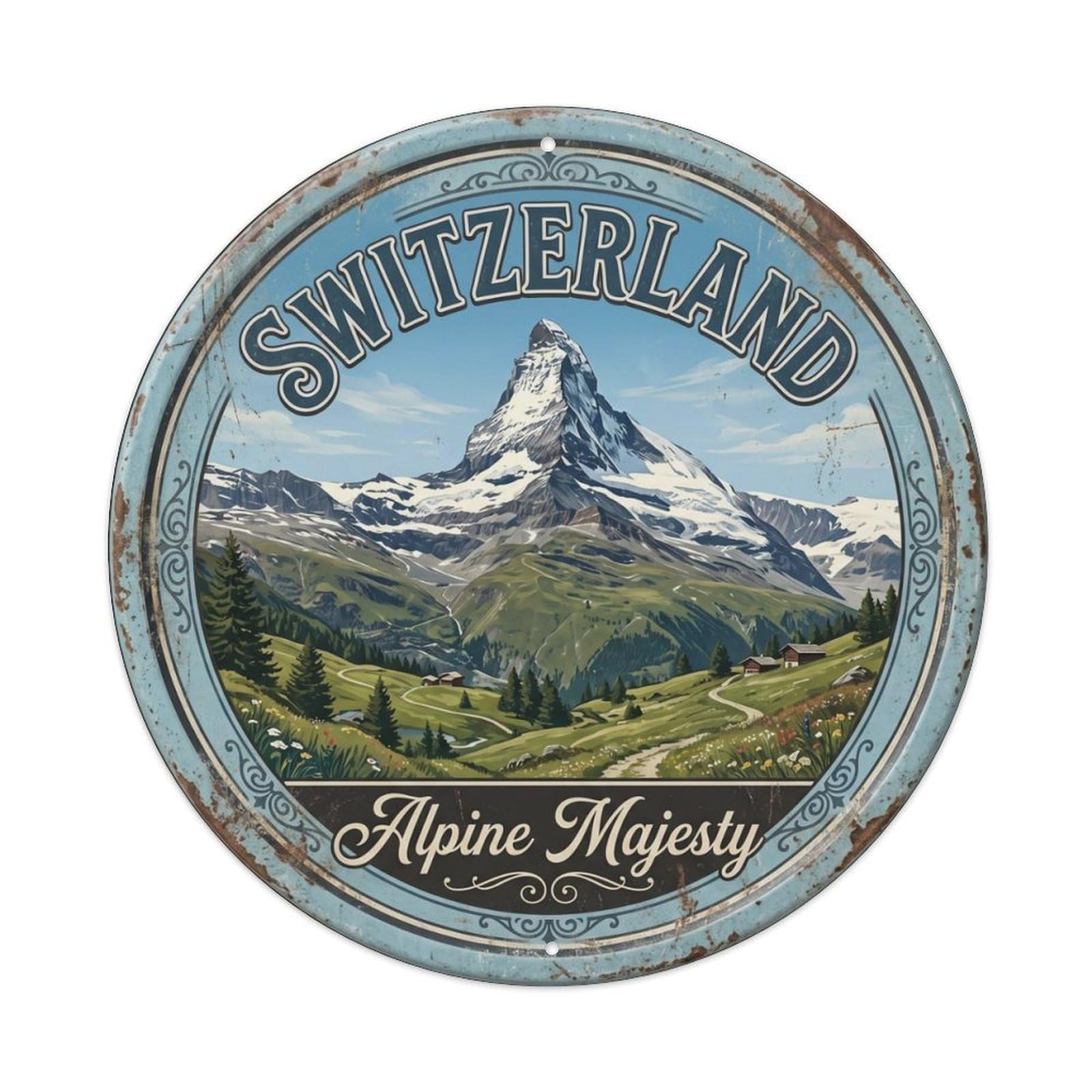 Vintage Travel Matterhorn Alpine Majesty Metal Tin Sign Plaque Wall Decor for Cafe, Club Bar, Office, Home Garden Round Metal Poster 8x8Inch