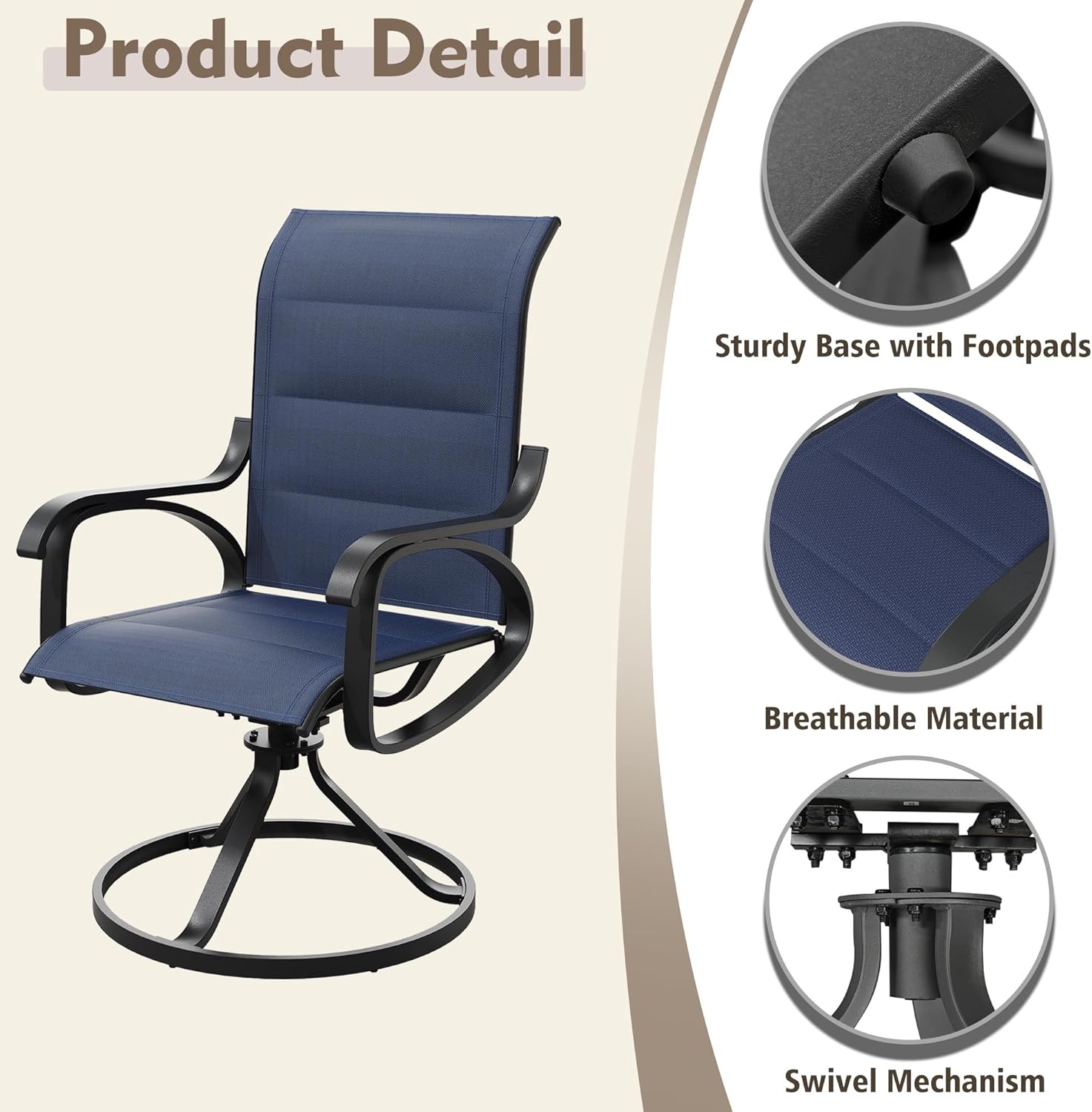 Patio Swivel Chairs Set of 4, All Weather Outdoor Rocking Chair with Textilene Breathable Back, Cotton Padding, Patio Dining Chair for Backyard, Garde, Porch and Deck (4, Blue)