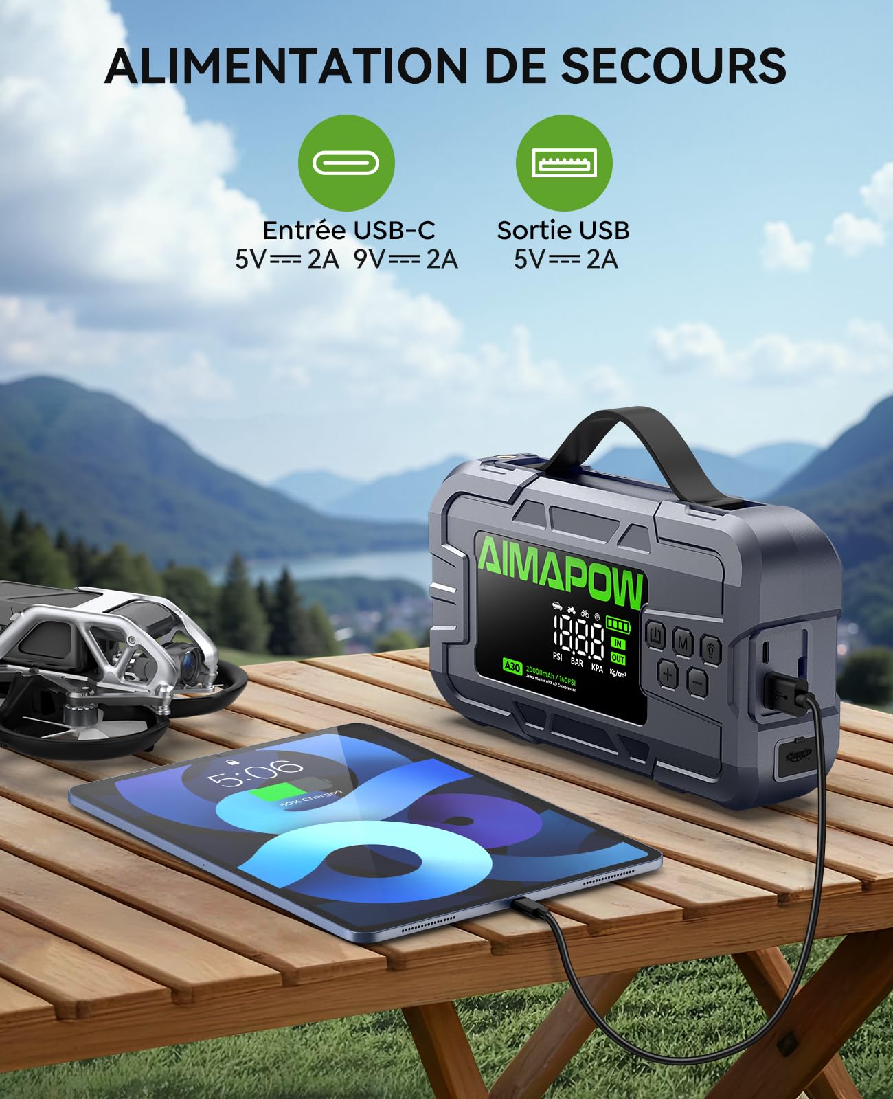 AIMAPOW Booster Batterie Voiture 12V 9000A avec Compresseur 160 PSI, Démarreur Portable 2-en-1 pour Essence et Diesel Jusqu’à 12L, Gonfleur Pneus Auto-Stop, Écran LCD, Pinces Intelligentes, LED 600LM