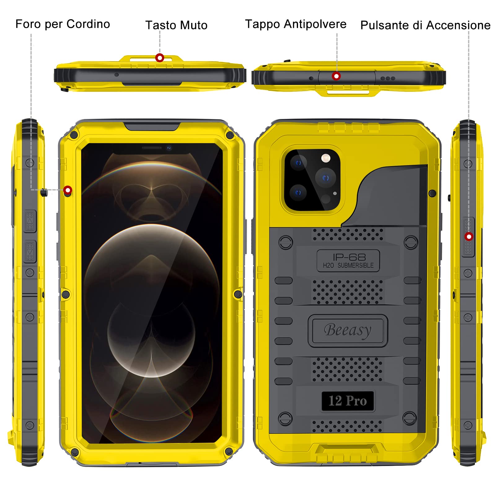 Beeasy Cover per iPhone 12 Pro IP68 Impermeabile Custodia Militare Antiurto Resistente 360° Metallo Armor Protezione Schermo Integrata Rugged Robusta Indistruttibile Subacquea Antipolvere Giallo