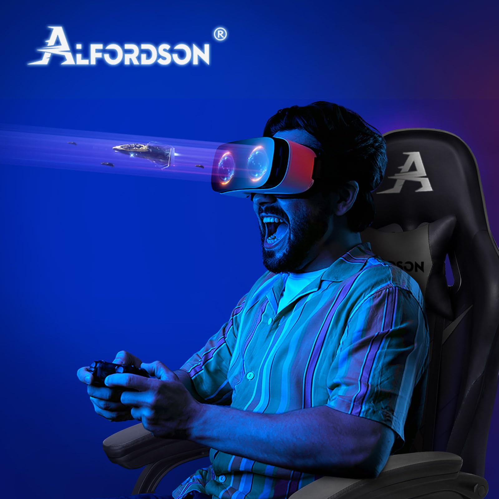 ALFORDSON Sedia da Gaming, Sedia da Corsa con Massaggio a 2 Punti per Gioco, Sedia da Computer ergonomica con Cuscino Lombare, Altezza Regolabile, Pelle PU, Grigio